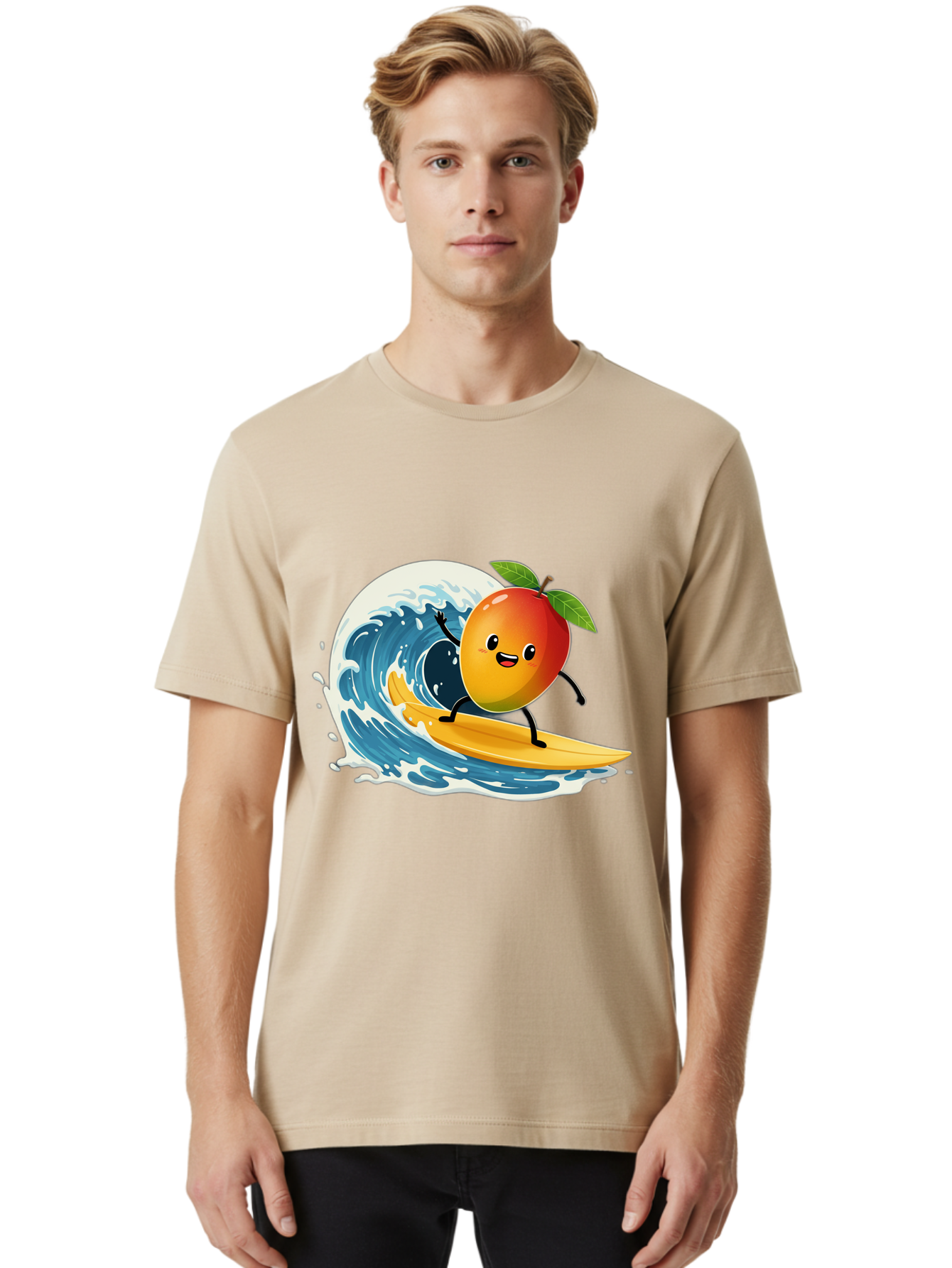 Mango-Surfing Men'S Graphic Tee, 100% Cotton, Comfortable Casual Summer Wear, Machine Washable, Cartoon Mango, Surfing Wave, Happy Face, Beach Fun, Summer Vibes, Ocean Wave, Surfing Cartoon, Playful Character, Cute Illustration Bac167 30