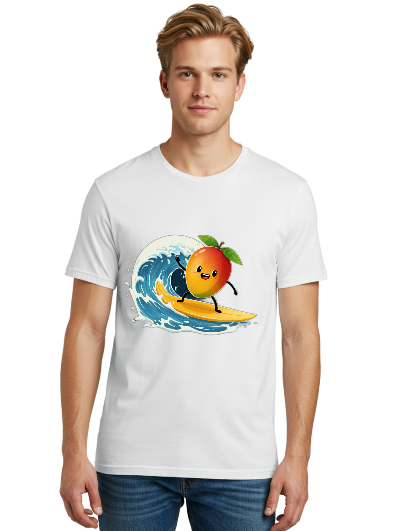 Mango-Surfing Men'S Graphic Tee, 100% Cotton, Comfortable Casual Summer Wear, Machine Washable, Cartoon Mango, Surfing Wave, Happy Face, Beach Fun, Summer Vibes, Ocean Wave, Surfing Cartoon, Playful Character, Cute Illustration Bac167 19