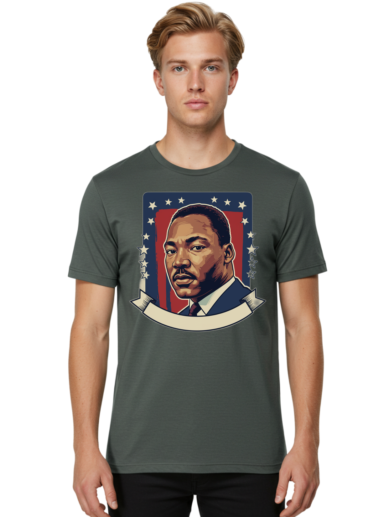 Martin-Luther-King Men'S Graphic Tee, 100% Cotton, Comfortable Casual Summer Wear, Machine Washable, Martin Luther King Jr. Portrait, Civil Rights Leader, Patriotic Illustration, Red White And Blue, Stars And Stripes, Inspirational Quote, Bac180 22