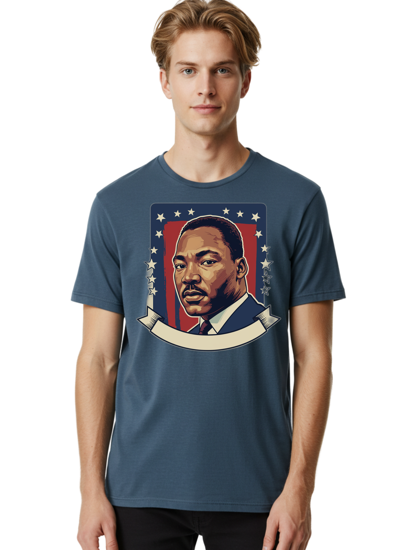 Martin-Luther-King Men'S Graphic Tee, 100% Cotton, Comfortable Casual Summer Wear, Machine Washable, Martin Luther King Jr. Portrait, Civil Rights Leader, Patriotic Illustration, Red White And Blue, Stars And Stripes, Inspirational Quote, Bac180 20