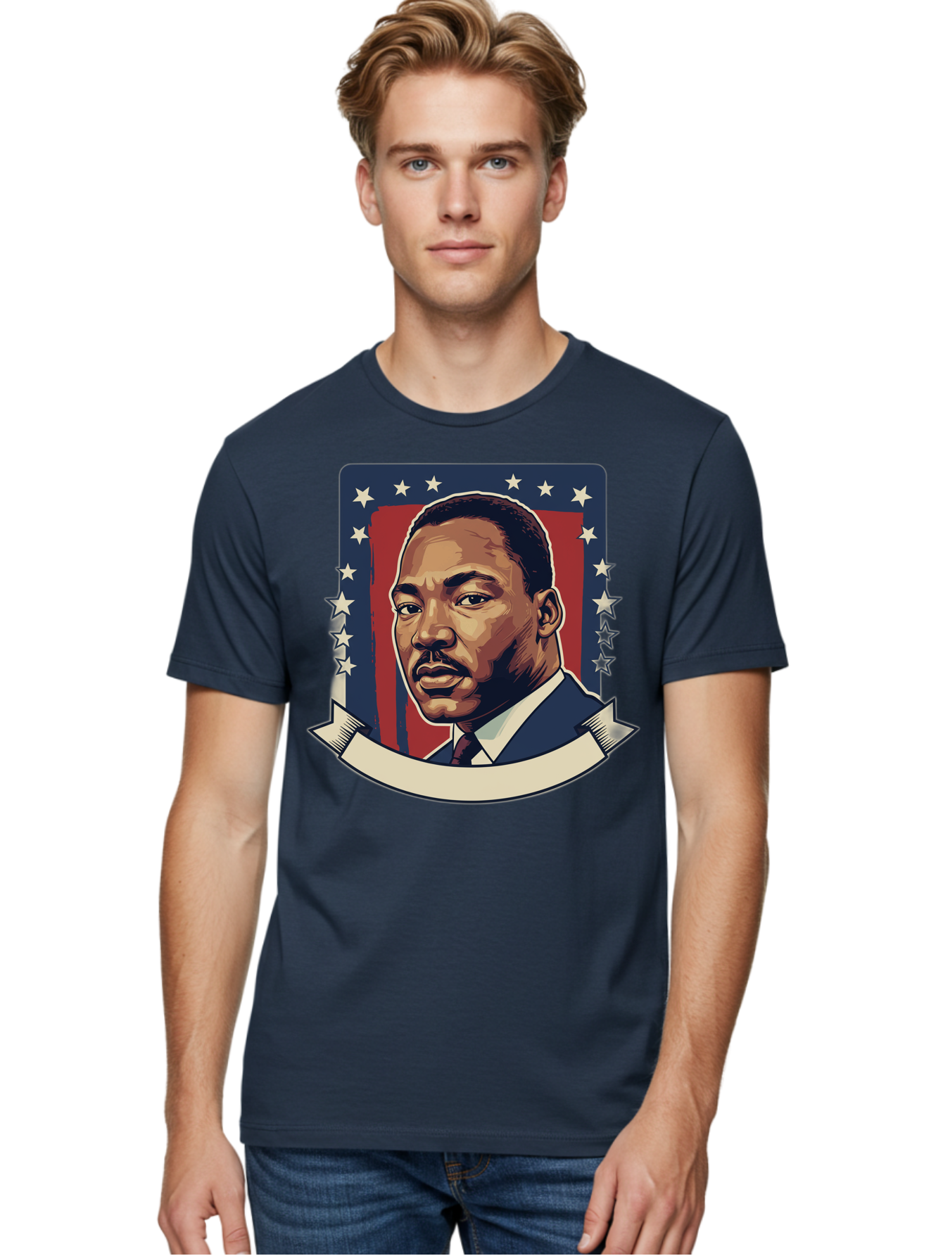 Martin-Luther-King Men'S Graphic Tee, 100% Cotton, Comfortable Casual Summer Wear, Machine Washable, Martin Luther King Jr. Portrait, Civil Rights Leader, Patriotic Illustration, Red White And Blue, Stars And Stripes, Inspirational Quote, Bac180 24