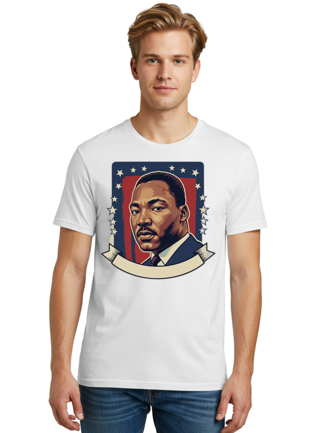 Martin-Luther-King Men'S Graphic Tee, 100% Cotton, Comfortable Casual Summer Wear, Machine Washable, Martin Luther King Jr. Portrait, Civil Rights Leader, Patriotic Illustration, Red White And Blue, Stars And Stripes, Inspirational Quote, Bac180 30