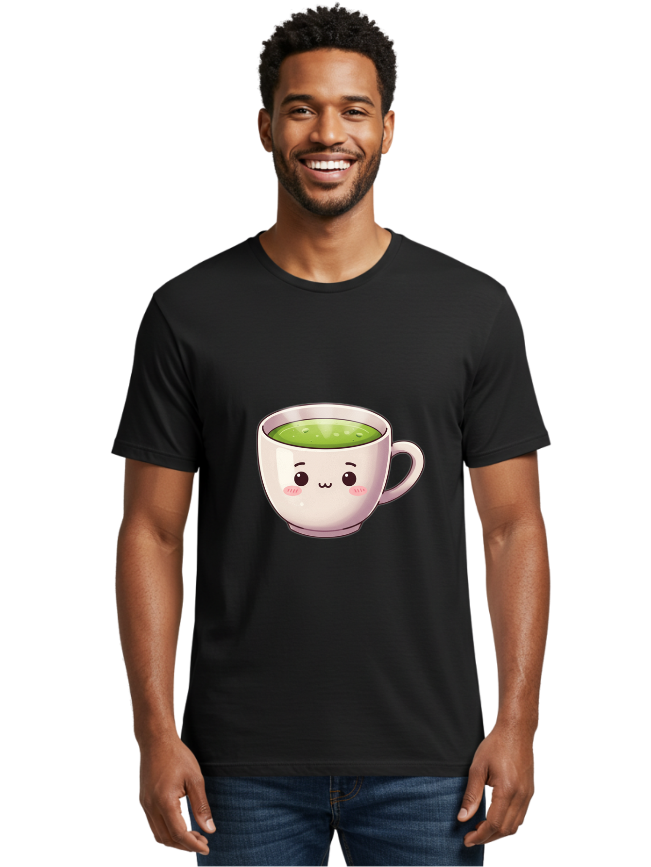 Matcha-Tea-Cup Men'S Graphic Tee, 100% Cotton, Comfortable Casual Summer Wear, Machine Washable, Matcha Tea, Cute Cartoon Character, Adorable Face, Kawaii Culture, Green Tea, Tea Time, Soothing Beverage, Lovely Design, Cheerful Expression Bac181 22