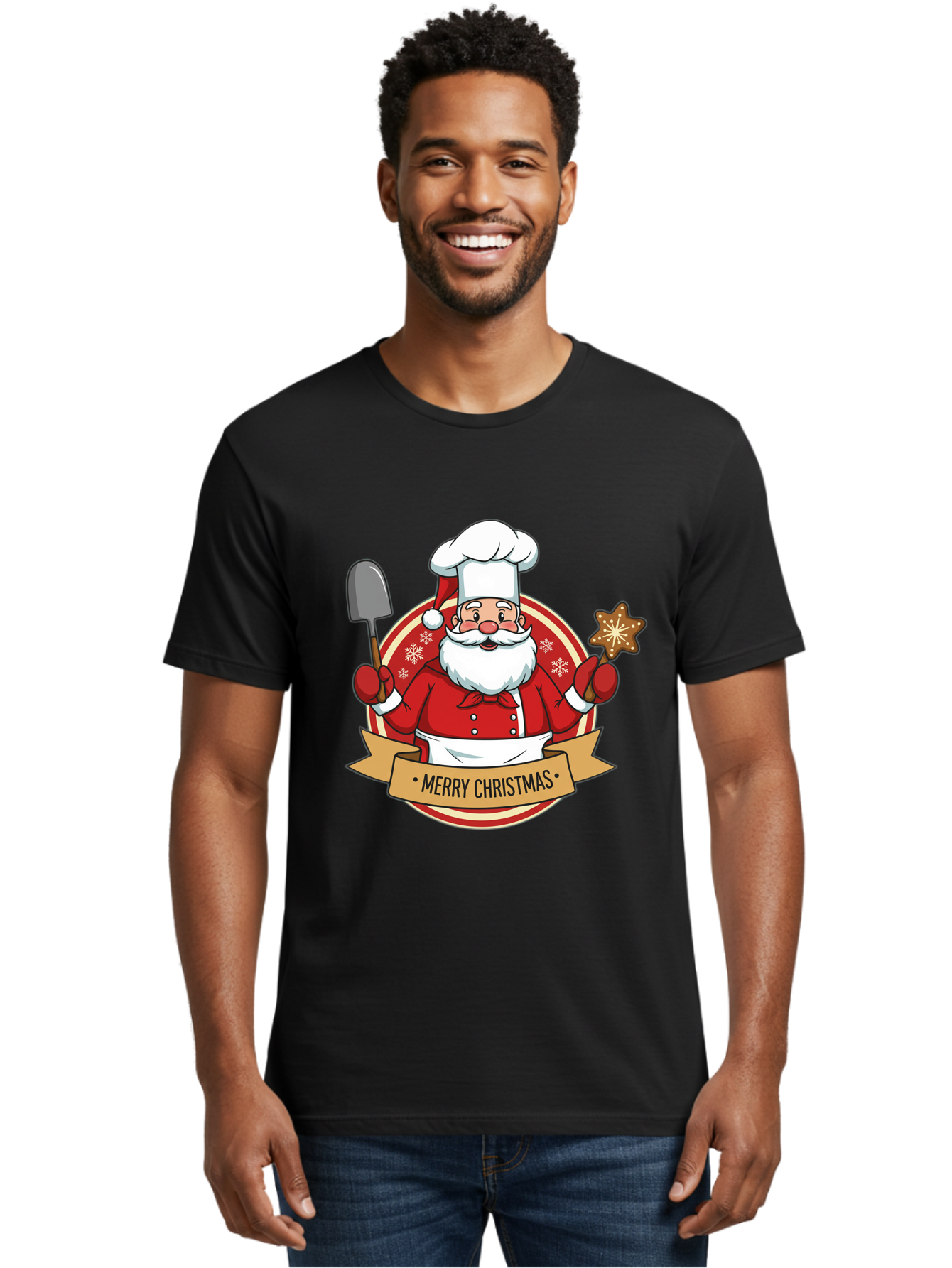 Merry-Christmas-Santa-1 Men'S Graphic Tee, 100% Cotton, Comfortable Casual Summer Wear, Machine Washable, Santa Claus As A Chef, Merry Christmas Banner, Gingerbread Star, Red And White Uniform, Snowflakes, Holiday Baking, Festive Season, Bac186 24