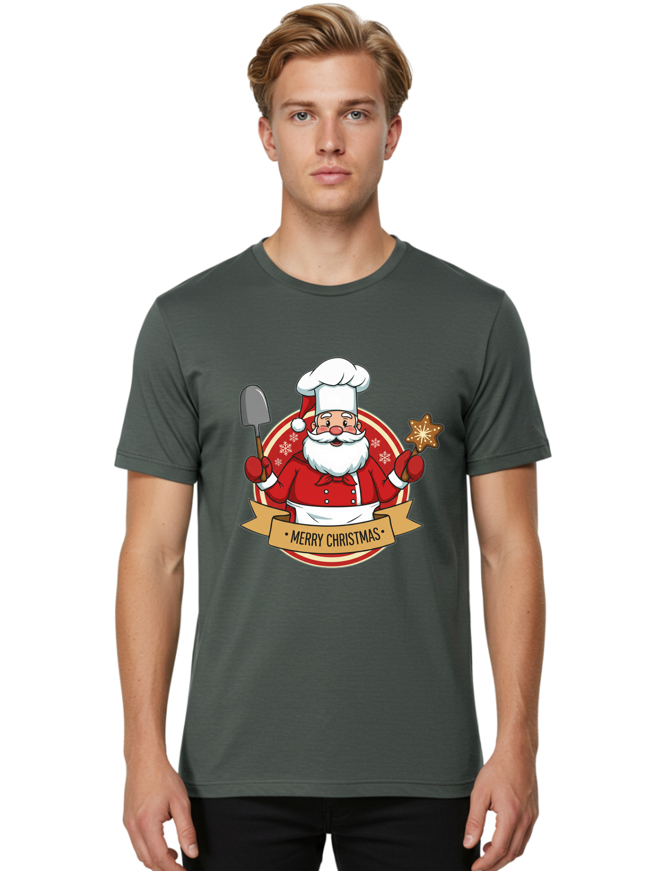 Merry-Christmas-Santa-1 Men'S Graphic Tee, 100% Cotton, Comfortable Casual Summer Wear, Machine Washable, Santa Claus As A Chef, Merry Christmas Banner, Gingerbread Star, Red And White Uniform, Snowflakes, Holiday Baking, Festive Season, Bac186 16