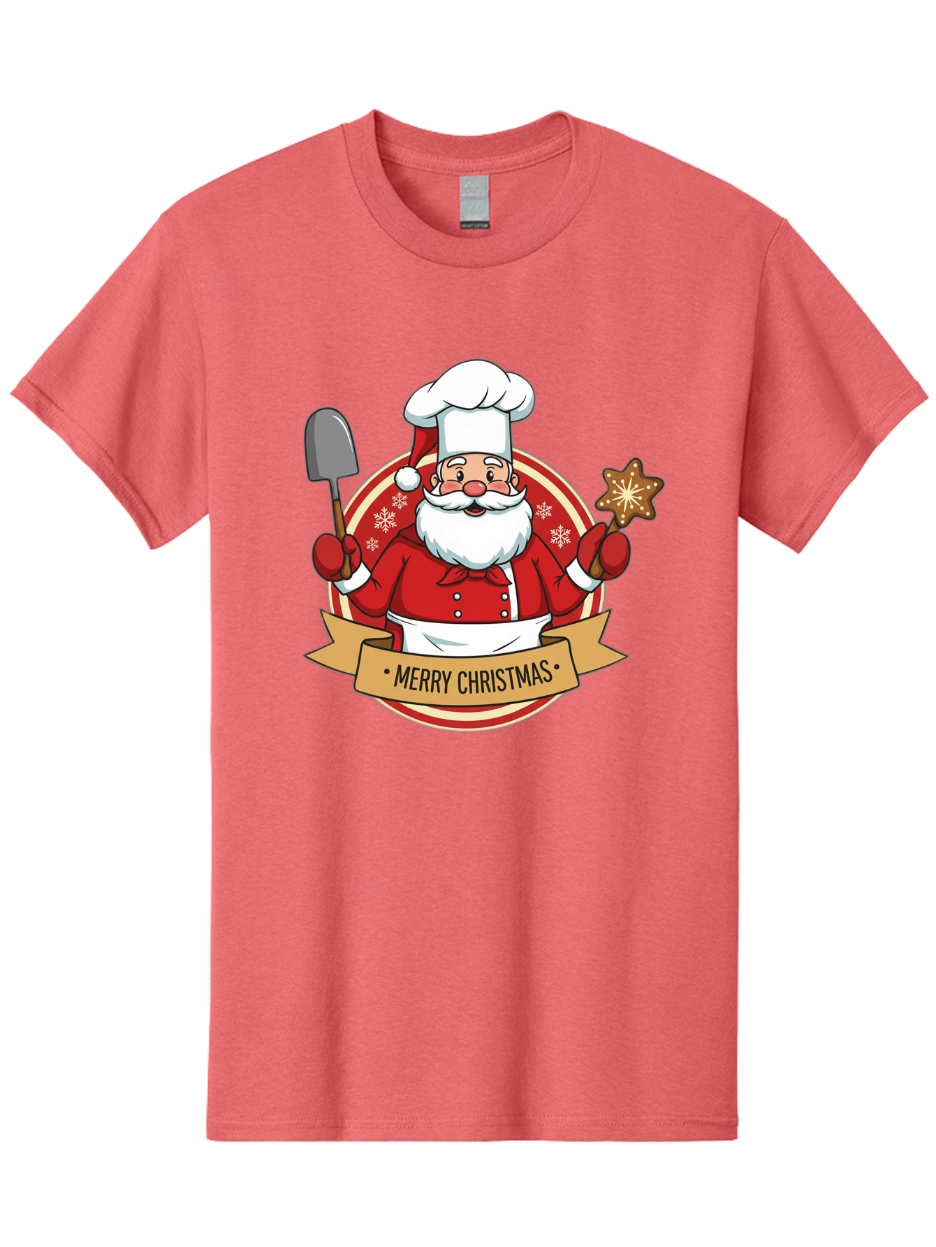 Merry-Christmas-Santa-1 Men'S Graphic Tee, 100% Cotton, Comfortable Casual Summer Wear, Machine Washable, Santa Claus As A Chef, Merry Christmas Banner, Gingerbread Star, Red And White Uniform, Snowflakes, Holiday Baking, Festive Season, Bac186 6