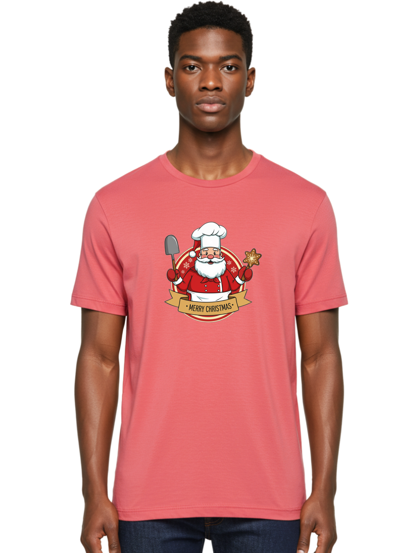 Merry-Christmas-Santa-1 Men'S Graphic Tee, 100% Cotton, Comfortable Casual Summer Wear, Machine Washable, Santa Claus As A Chef, Merry Christmas Banner, Gingerbread Star, Red And White Uniform, Snowflakes, Holiday Baking, Festive Season, Bac186 21