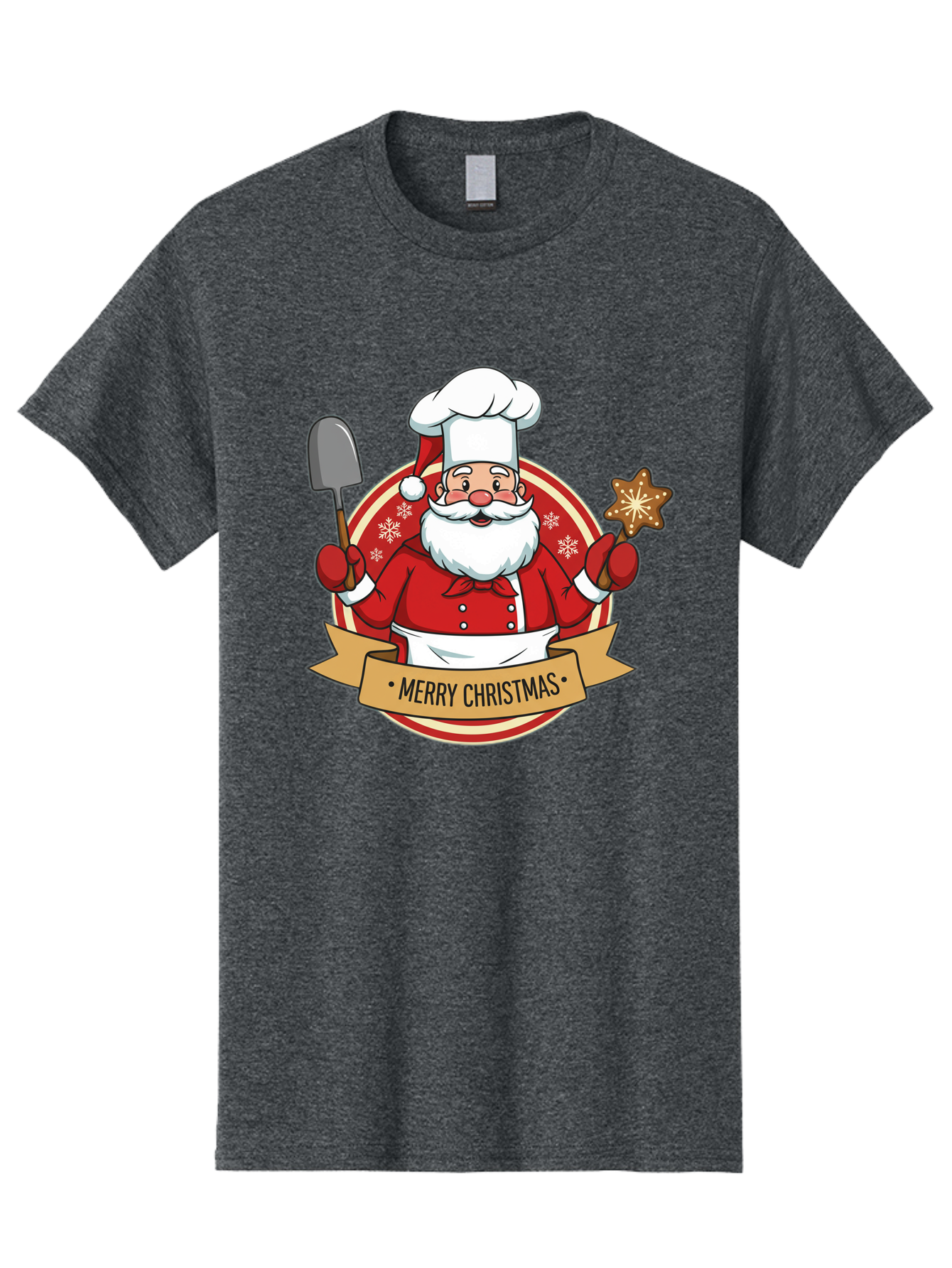 Merry-Christmas-Santa-1 Men'S Graphic Tee, 100% Cotton, Comfortable Casual Summer Wear, Machine Washable, Santa Claus As A Chef, Merry Christmas Banner, Gingerbread Star, Red And White Uniform, Snowflakes, Holiday Baking, Festive Season, Bac186 3