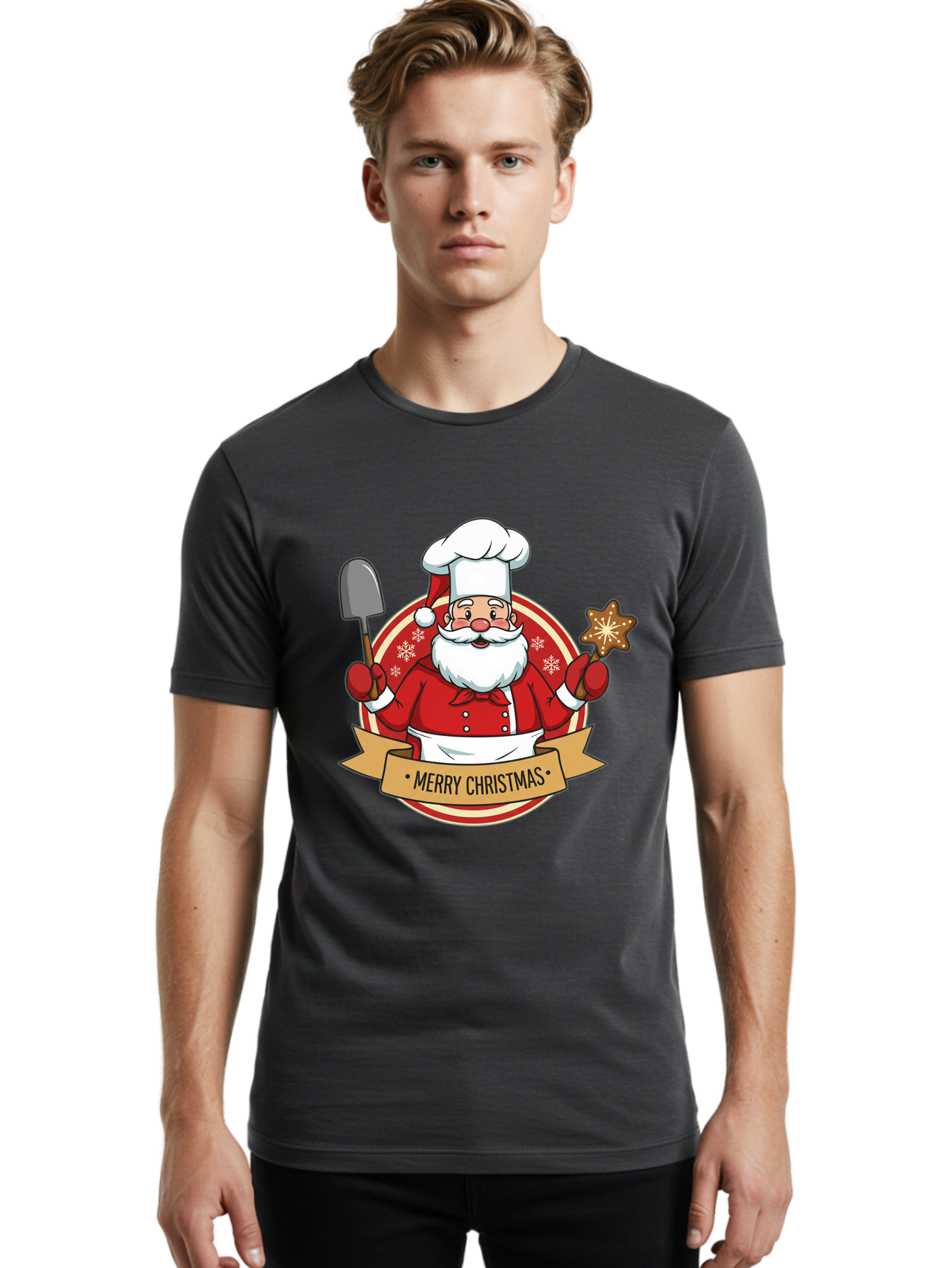 Merry-Christmas-Santa-1 Men'S Graphic Tee, 100% Cotton, Comfortable Casual Summer Wear, Machine Washable, Santa Claus As A Chef, Merry Christmas Banner, Gingerbread Star, Red And White Uniform, Snowflakes, Holiday Baking, Festive Season, Bac186 18