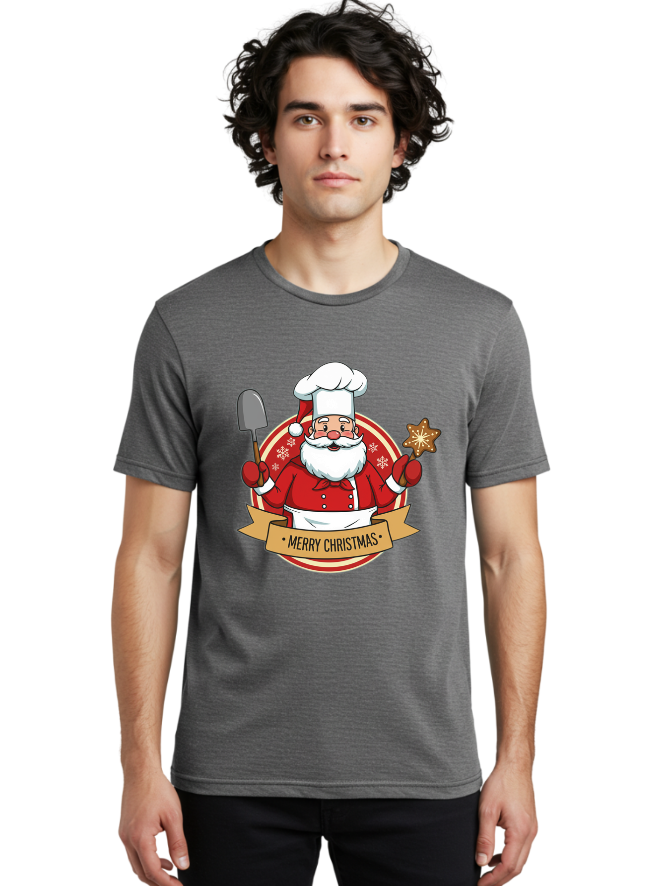 Merry-Christmas-Santa-1 Men'S Graphic Tee, 100% Cotton, Comfortable Casual Summer Wear, Machine Washable, Santa Claus As A Chef, Merry Christmas Banner, Gingerbread Star, Red And White Uniform, Snowflakes, Holiday Baking, Festive Season, Bac186 22