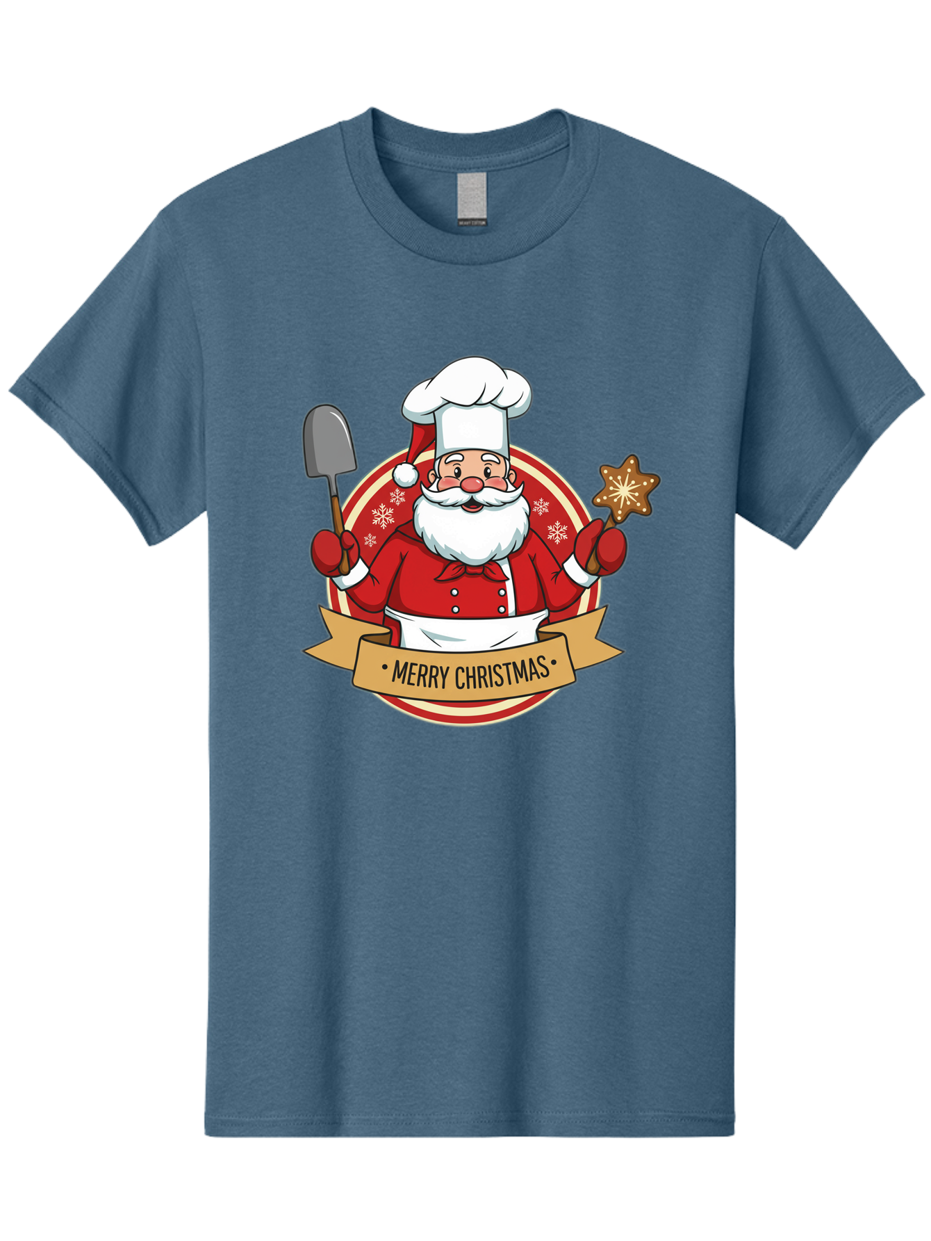Merry-Christmas-Santa-1 Men'S Graphic Tee, 100% Cotton, Comfortable Casual Summer Wear, Machine Washable, Santa Claus As A Chef, Merry Christmas Banner, Gingerbread Star, Red And White Uniform, Snowflakes, Holiday Baking, Festive Season, Bac186 5