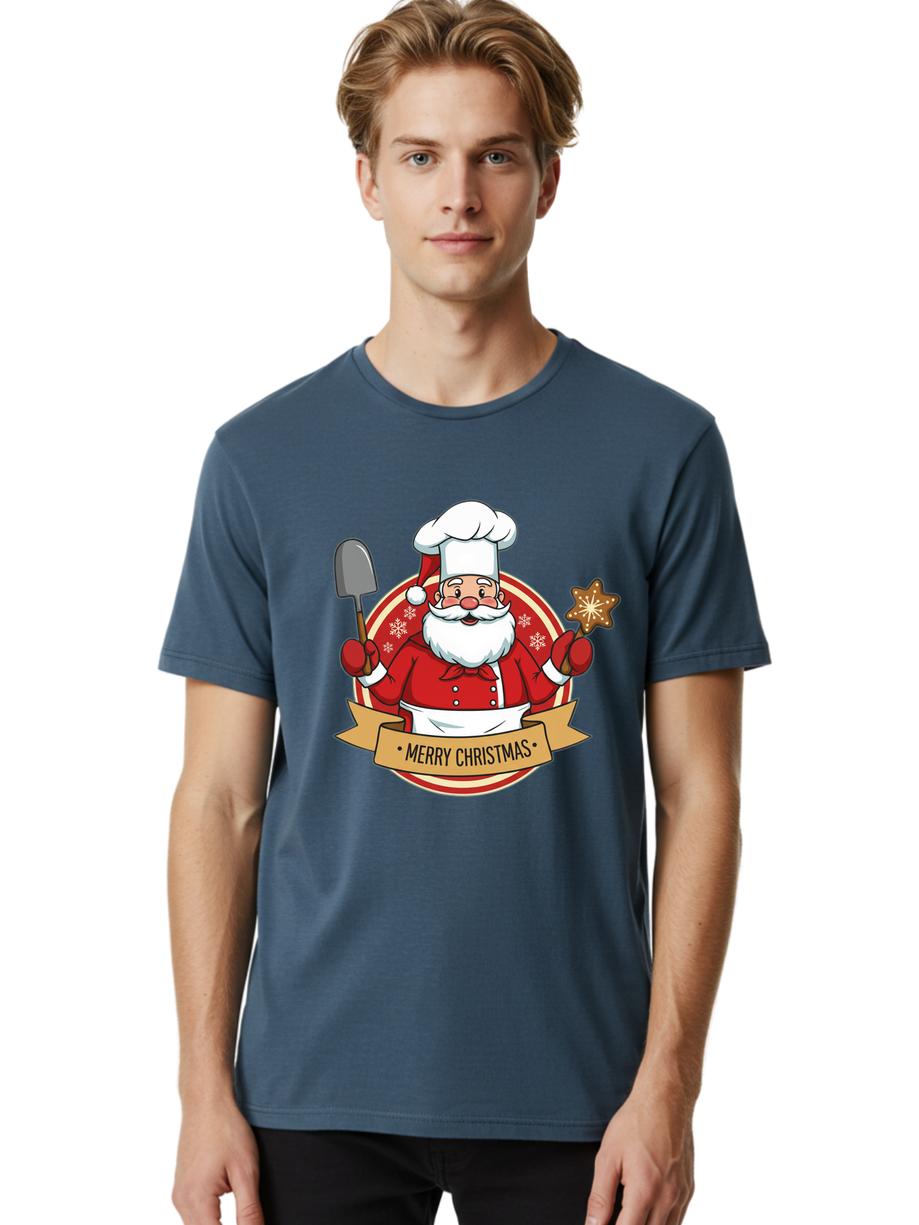 Merry-Christmas-Santa-1 Men'S Graphic Tee, 100% Cotton, Comfortable Casual Summer Wear, Machine Washable, Santa Claus As A Chef, Merry Christmas Banner, Gingerbread Star, Red And White Uniform, Snowflakes, Holiday Baking, Festive Season, Bac186 20