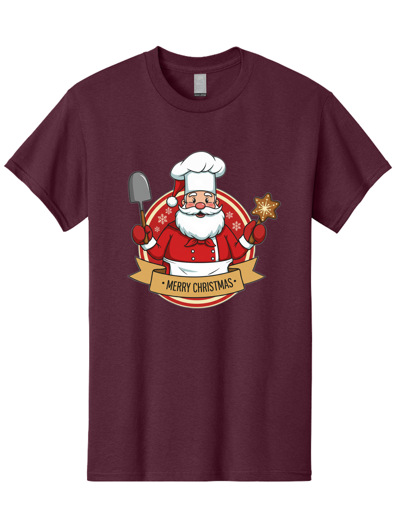 Merry-Christmas-Santa-1 Men'S Graphic Tee, 100% Cotton, Comfortable Casual Summer Wear, Machine Washable, Santa Claus As A Chef, Merry Christmas Banner, Gingerbread Star, Red And White Uniform, Snowflakes, Holiday Baking, Festive Season, Bac186 10