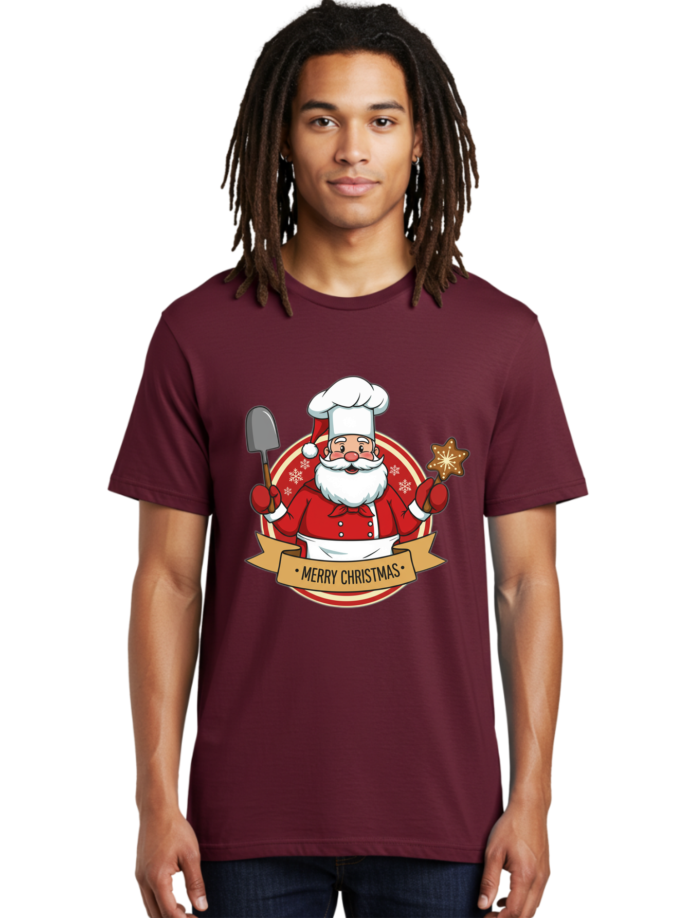 Merry-Christmas-Santa-1 Men'S Graphic Tee, 100% Cotton, Comfortable Casual Summer Wear, Machine Washable, Santa Claus As A Chef, Merry Christmas Banner, Gingerbread Star, Red And White Uniform, Snowflakes, Holiday Baking, Festive Season, Bac186 25