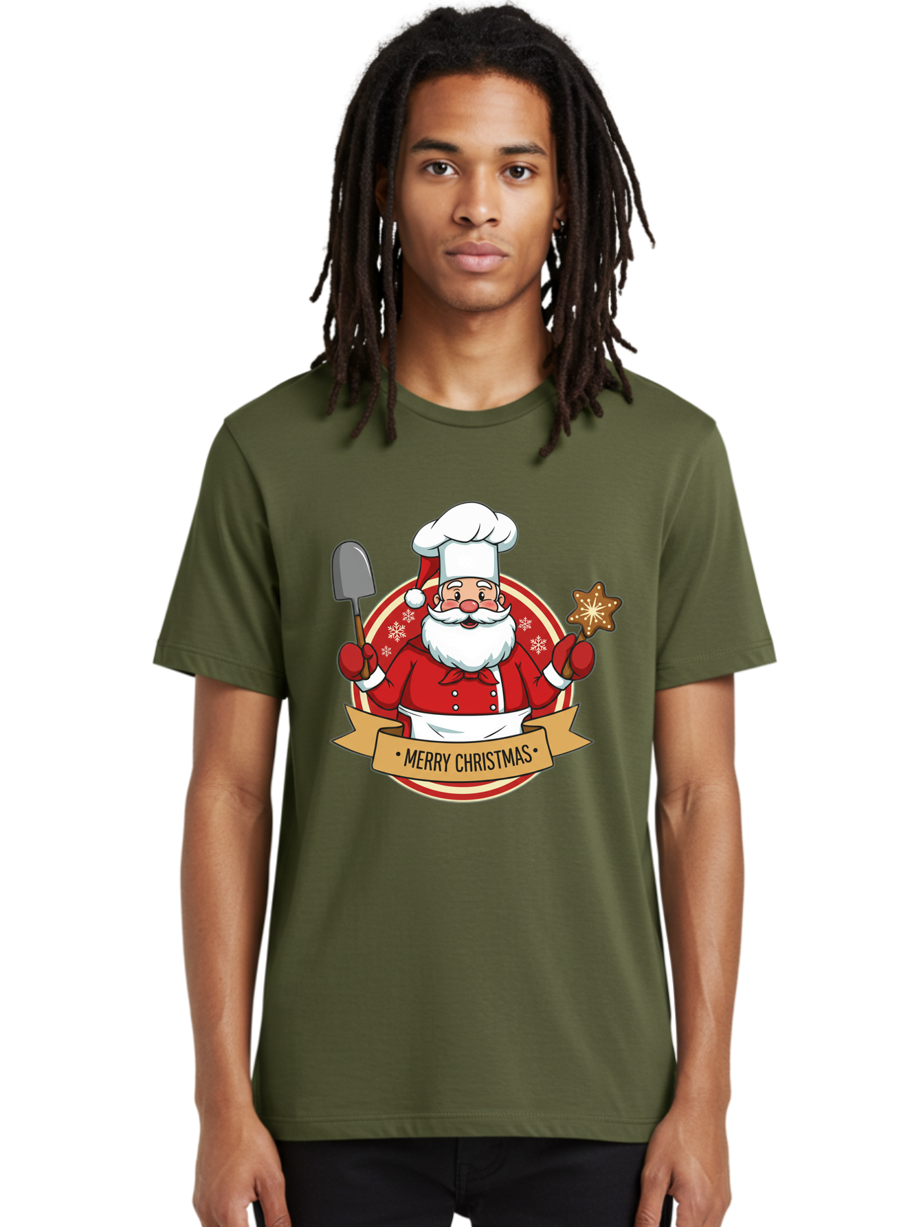Merry-Christmas-Santa-1 Men'S Graphic Tee, 100% Cotton, Comfortable Casual Summer Wear, Machine Washable, Santa Claus As A Chef, Merry Christmas Banner, Gingerbread Star, Red And White Uniform, Snowflakes, Holiday Baking, Festive Season, Bac186 17