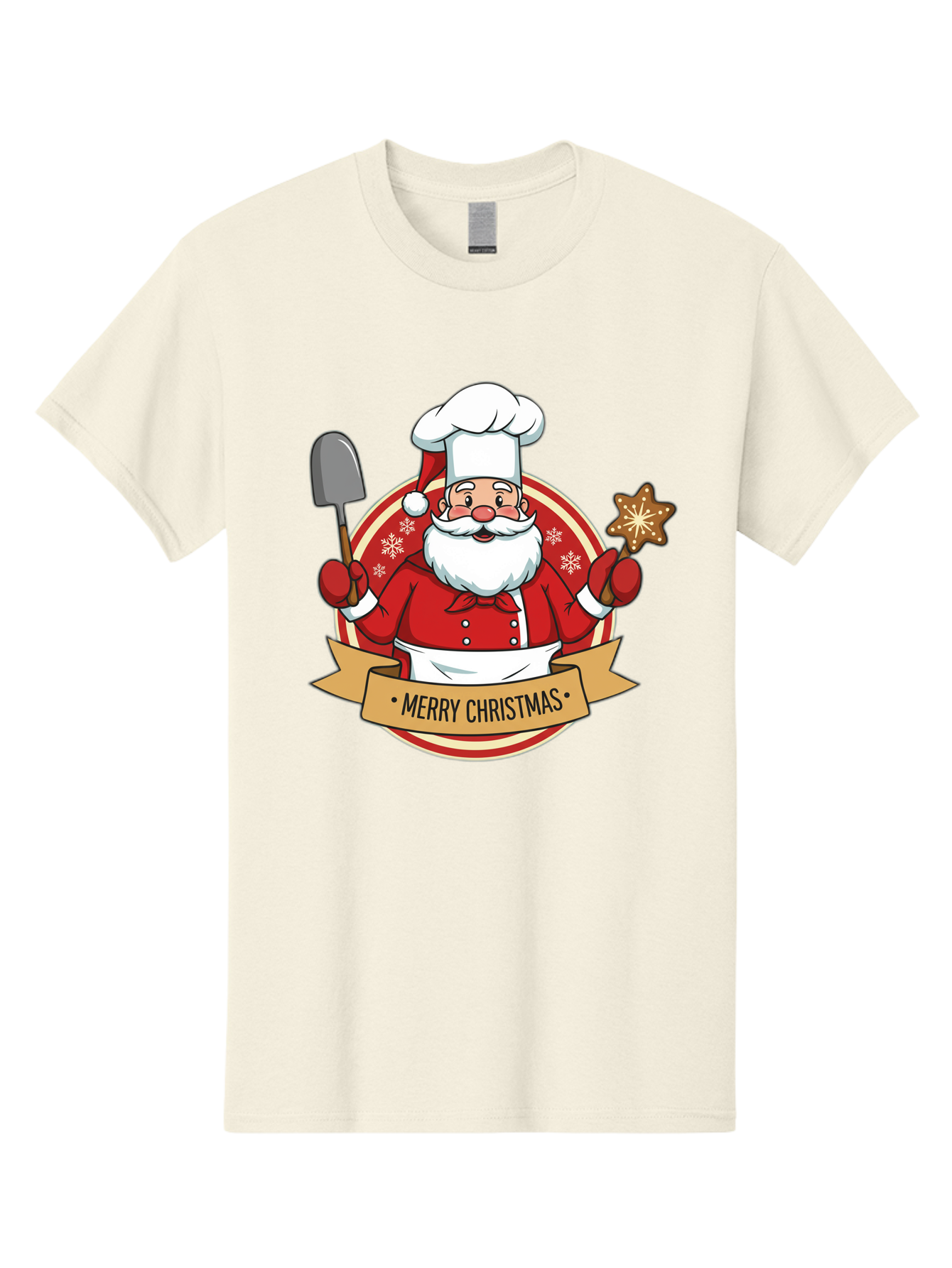 Merry-Christmas-Santa-1 Men'S Graphic Tee, 100% Cotton, Comfortable Casual Summer Wear, Machine Washable, Santa Claus As A Chef, Merry Christmas Banner, Gingerbread Star, Red And White Uniform, Snowflakes, Holiday Baking, Festive Season, Bac186 12