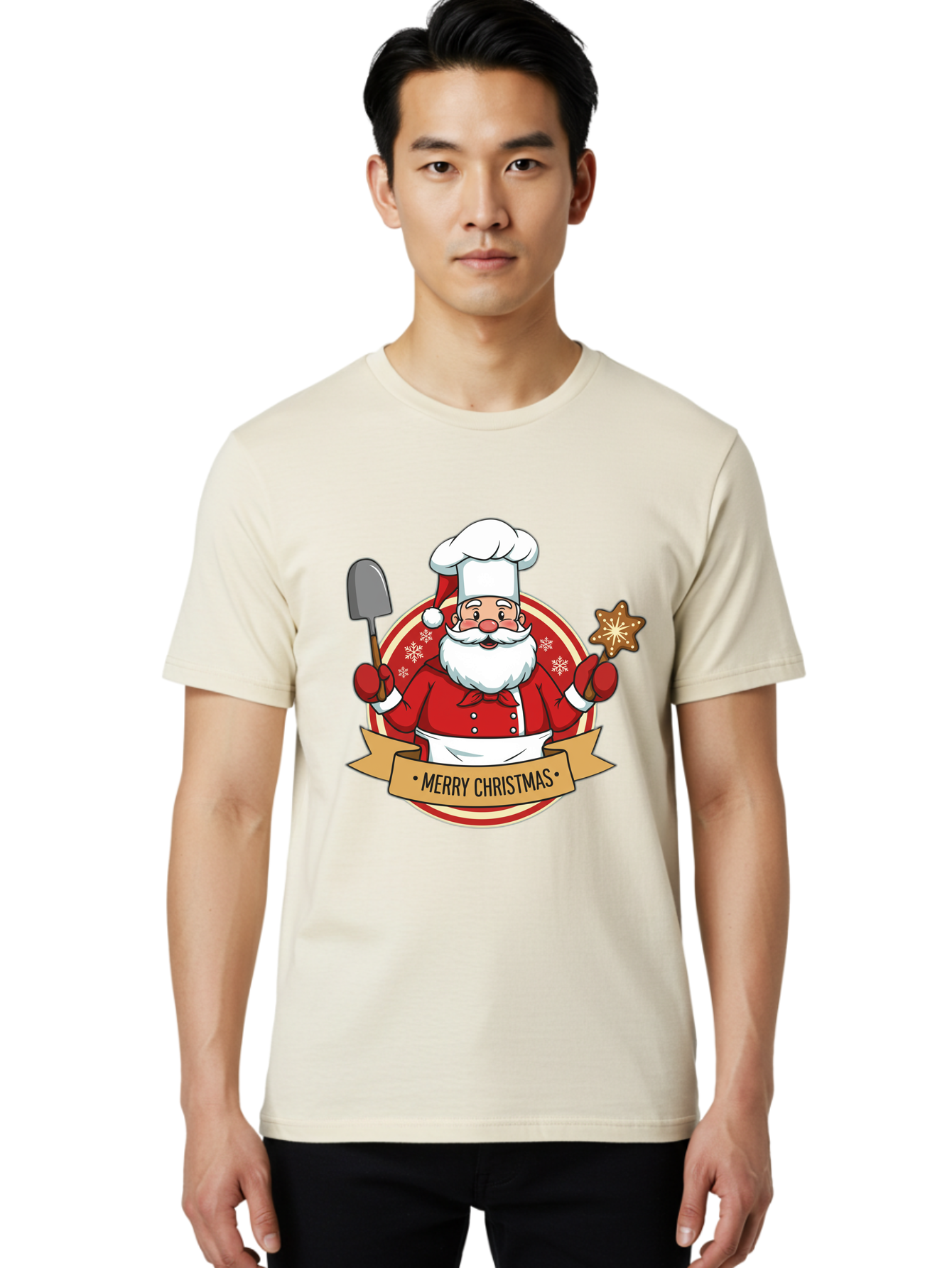Merry-Christmas-Santa-1 Men'S Graphic Tee, 100% Cotton, Comfortable Casual Summer Wear, Machine Washable, Santa Claus As A Chef, Merry Christmas Banner, Gingerbread Star, Red And White Uniform, Snowflakes, Holiday Baking, Festive Season, Bac186 27