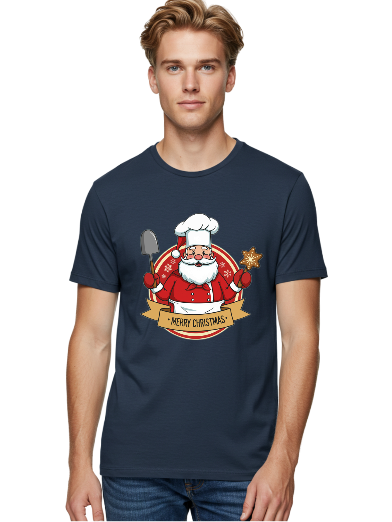 Merry-Christmas-Santa-1 Men'S Graphic Tee, 100% Cotton, Comfortable Casual Summer Wear, Machine Washable, Santa Claus As A Chef, Merry Christmas Banner, Gingerbread Star, Red And White Uniform, Snowflakes, Holiday Baking, Festive Season, Bac186 30