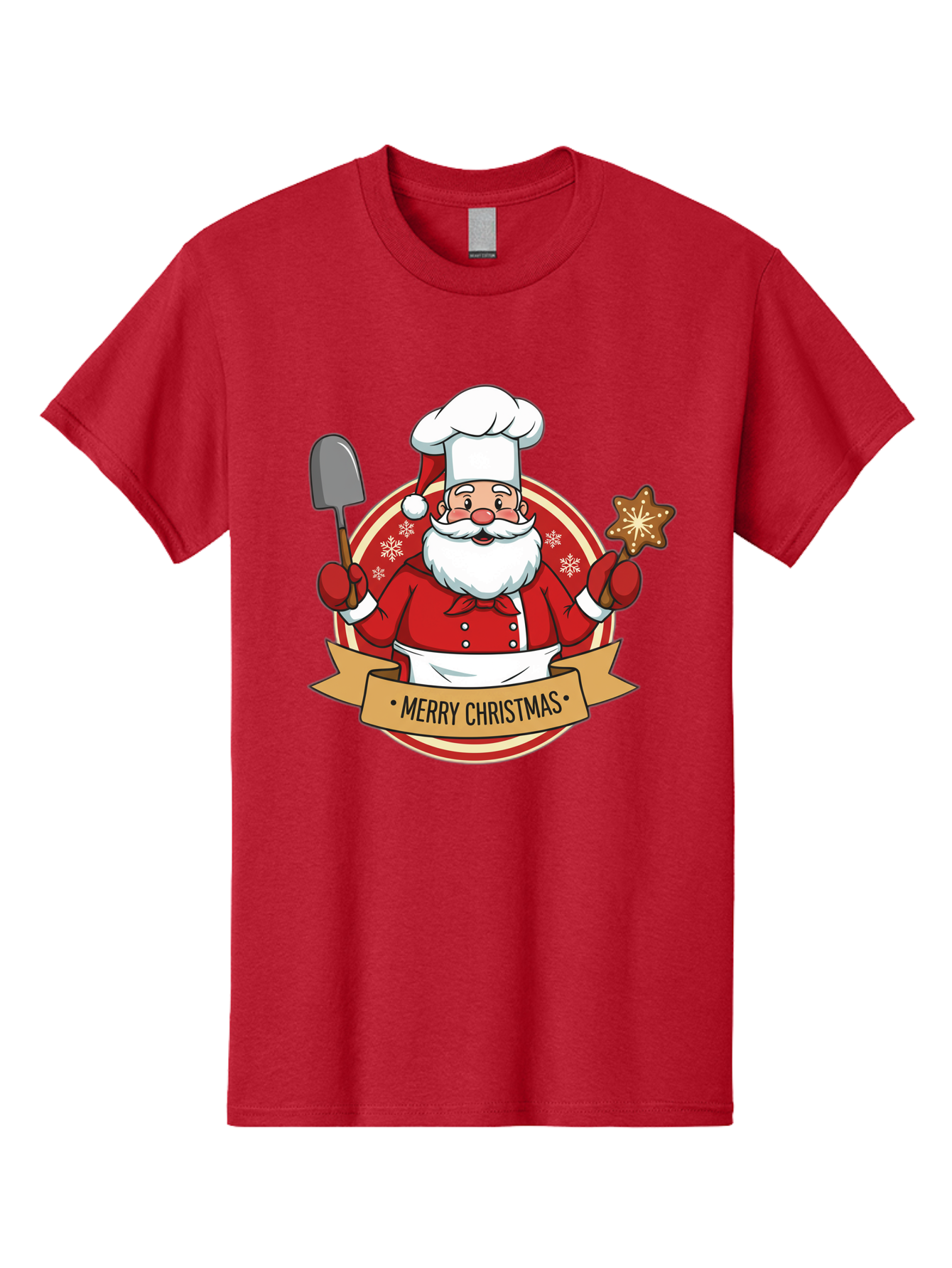 Merry-Christmas-Santa-1 Men'S Graphic Tee, 100% Cotton, Comfortable Casual Summer Wear, Machine Washable, Santa Claus As A Chef, Merry Christmas Banner, Gingerbread Star, Red And White Uniform, Snowflakes, Holiday Baking, Festive Season, Bac186 13