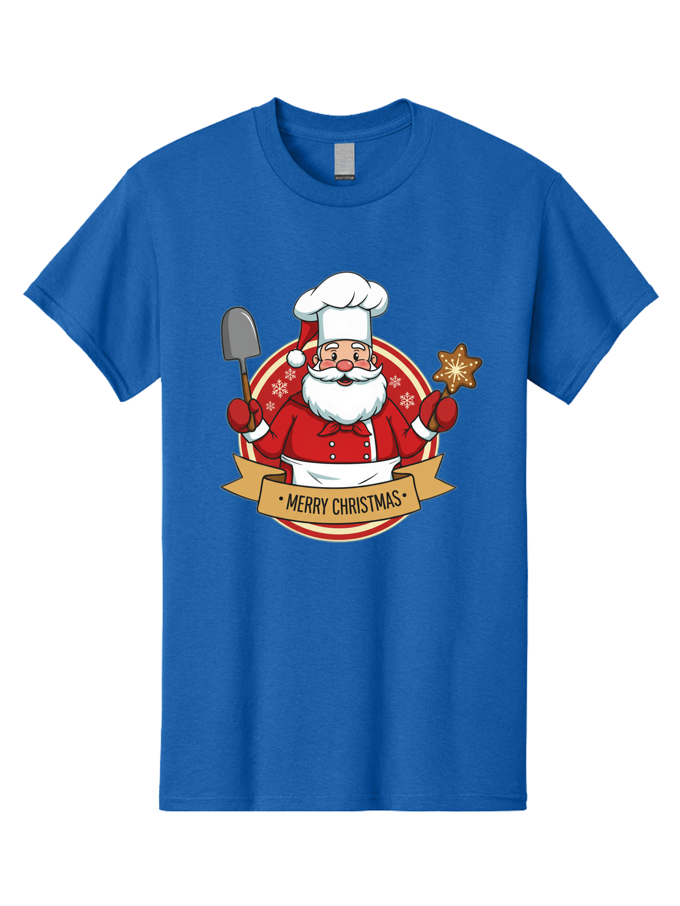 Merry-Christmas-Santa-1 Men'S Graphic Tee, 100% Cotton, Comfortable Casual Summer Wear, Machine Washable, Santa Claus As A Chef, Merry Christmas Banner, Gingerbread Star, Red And White Uniform, Snowflakes, Holiday Baking, Festive Season, Bac186 4