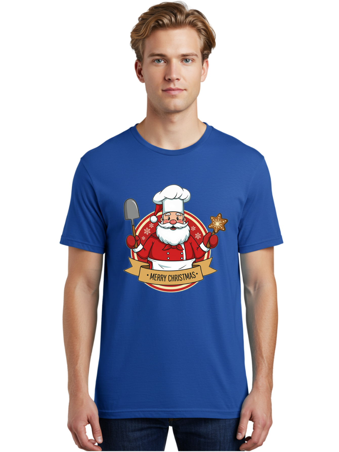 Merry-Christmas-Santa-1 Men'S Graphic Tee, 100% Cotton, Comfortable Casual Summer Wear, Machine Washable, Santa Claus As A Chef, Merry Christmas Banner, Gingerbread Star, Red And White Uniform, Snowflakes, Holiday Baking, Festive Season, Bac186 19