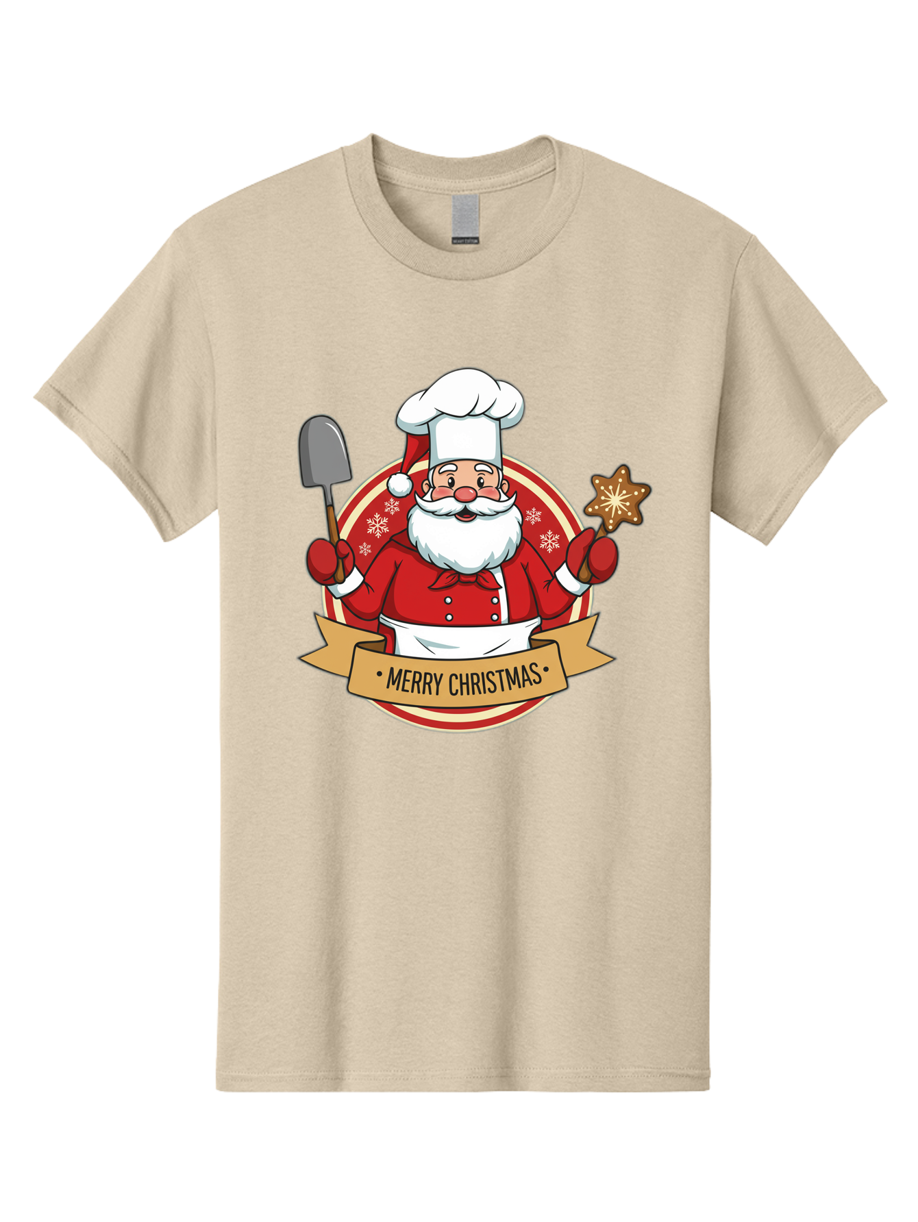 Merry-Christmas-Santa-1 Men'S Graphic Tee, 100% Cotton, Comfortable Casual Summer Wear, Machine Washable, Santa Claus As A Chef, Merry Christmas Banner, Gingerbread Star, Red And White Uniform, Snowflakes, Holiday Baking, Festive Season, Bac186 14