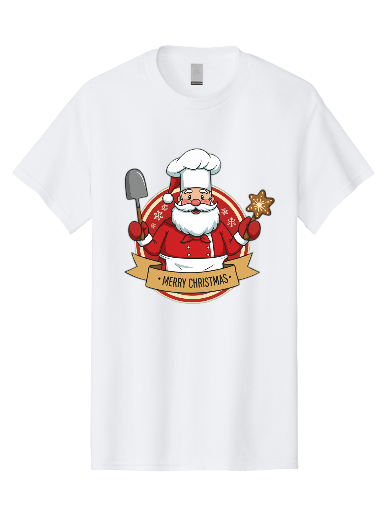 Merry-Christmas-Santa-1 Men'S Graphic Tee, 100% Cotton, Comfortable Casual Summer Wear, Machine Washable, Santa Claus As A Chef, Merry Christmas Banner, Gingerbread Star, Red And White Uniform, Snowflakes, Holiday Baking, Festive Season, Bac186 11