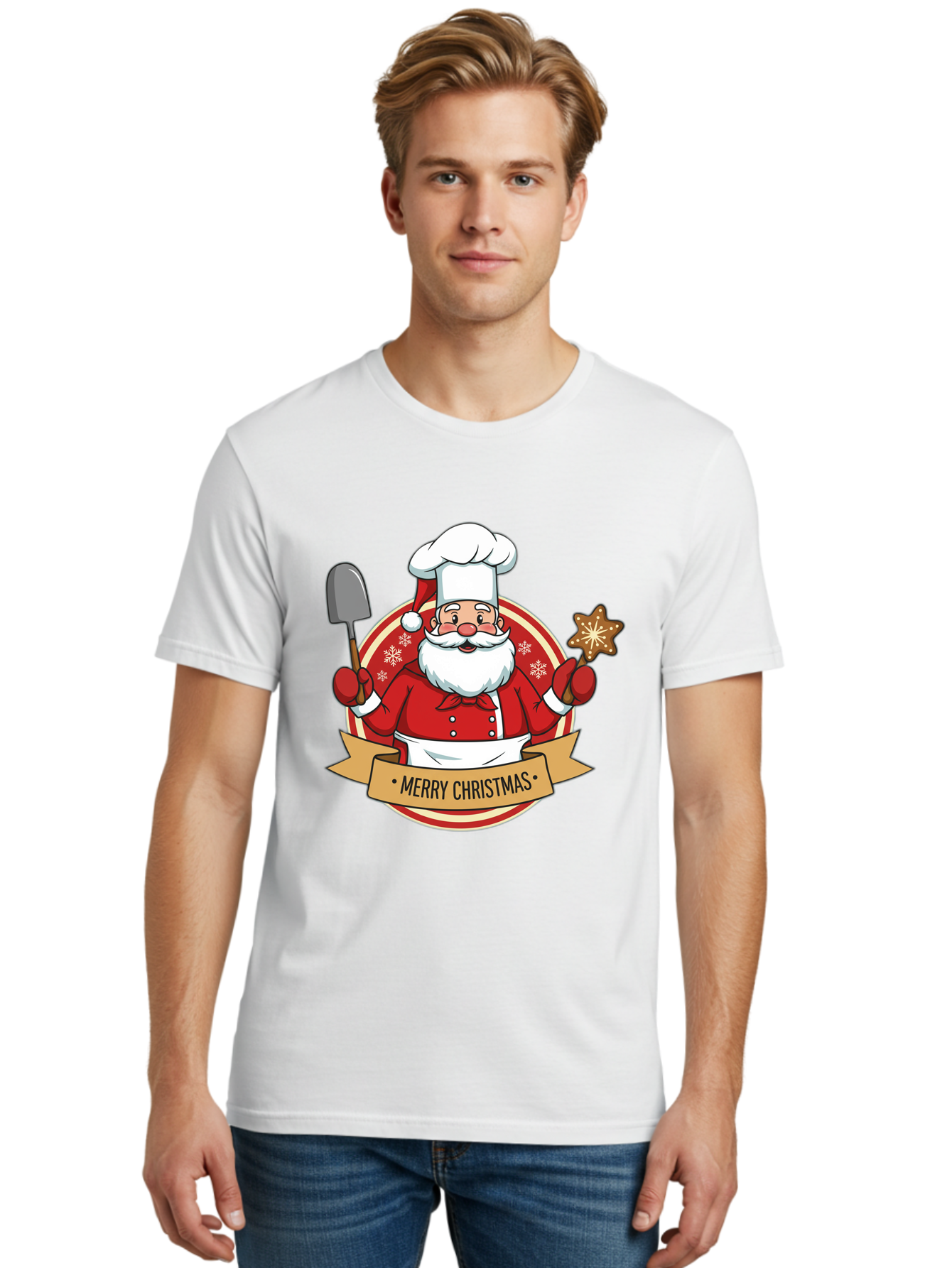 Merry-Christmas-Santa-1 Men'S Graphic Tee, 100% Cotton, Comfortable Casual Summer Wear, Machine Washable, Santa Claus As A Chef, Merry Christmas Banner, Gingerbread Star, Red And White Uniform, Snowflakes, Holiday Baking, Festive Season, Bac186 26