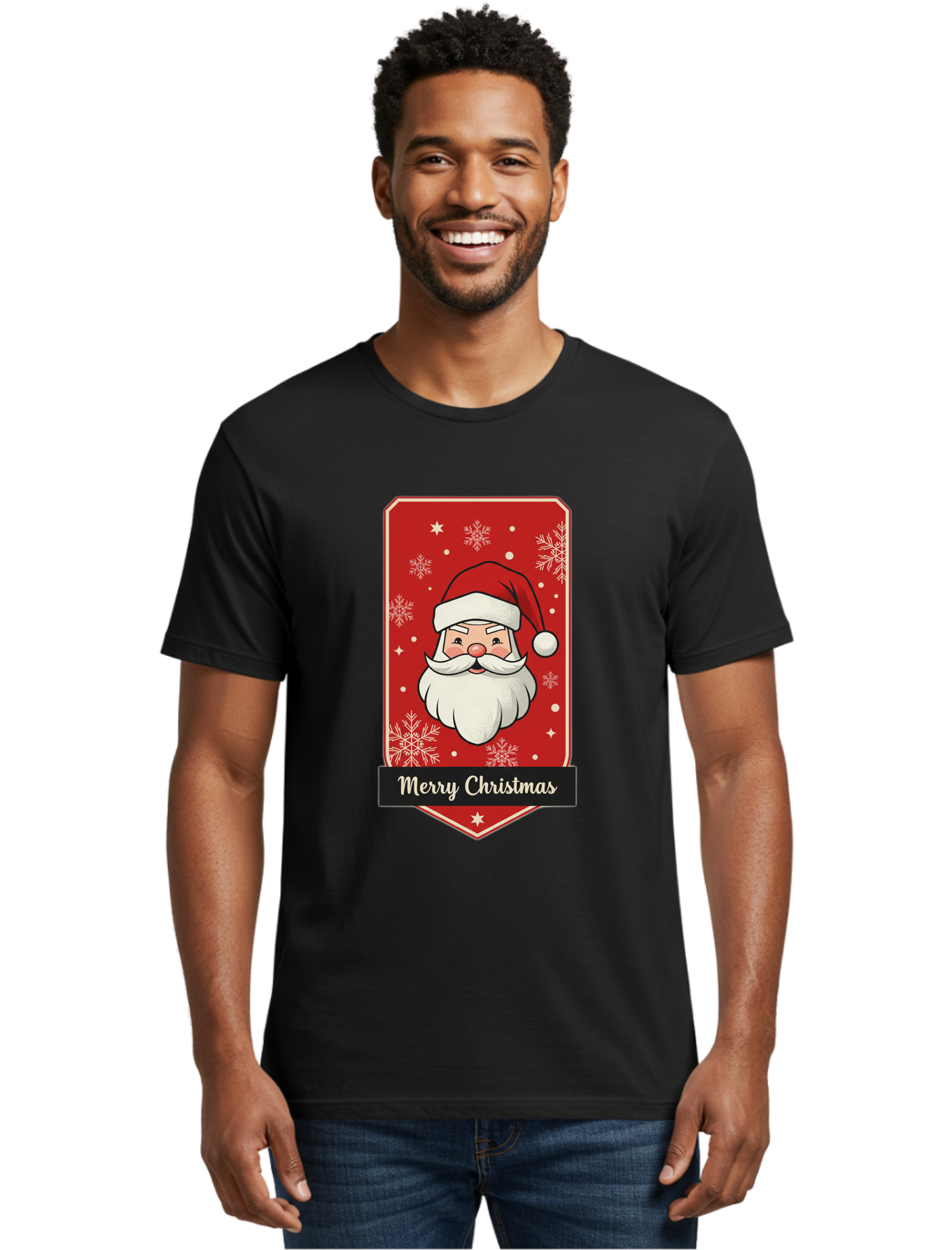 Merry-Christmas-Santa Men'S Graphic Tee, 100% Cotton, Comfortable Casual Summer Wear, Machine Washable, Christmas Badge, Merry Christmas, Santa Claus, Festive Design, Holiday Greeting, Cartoon Santa, Red And White, Snowflakes, Bac187 30