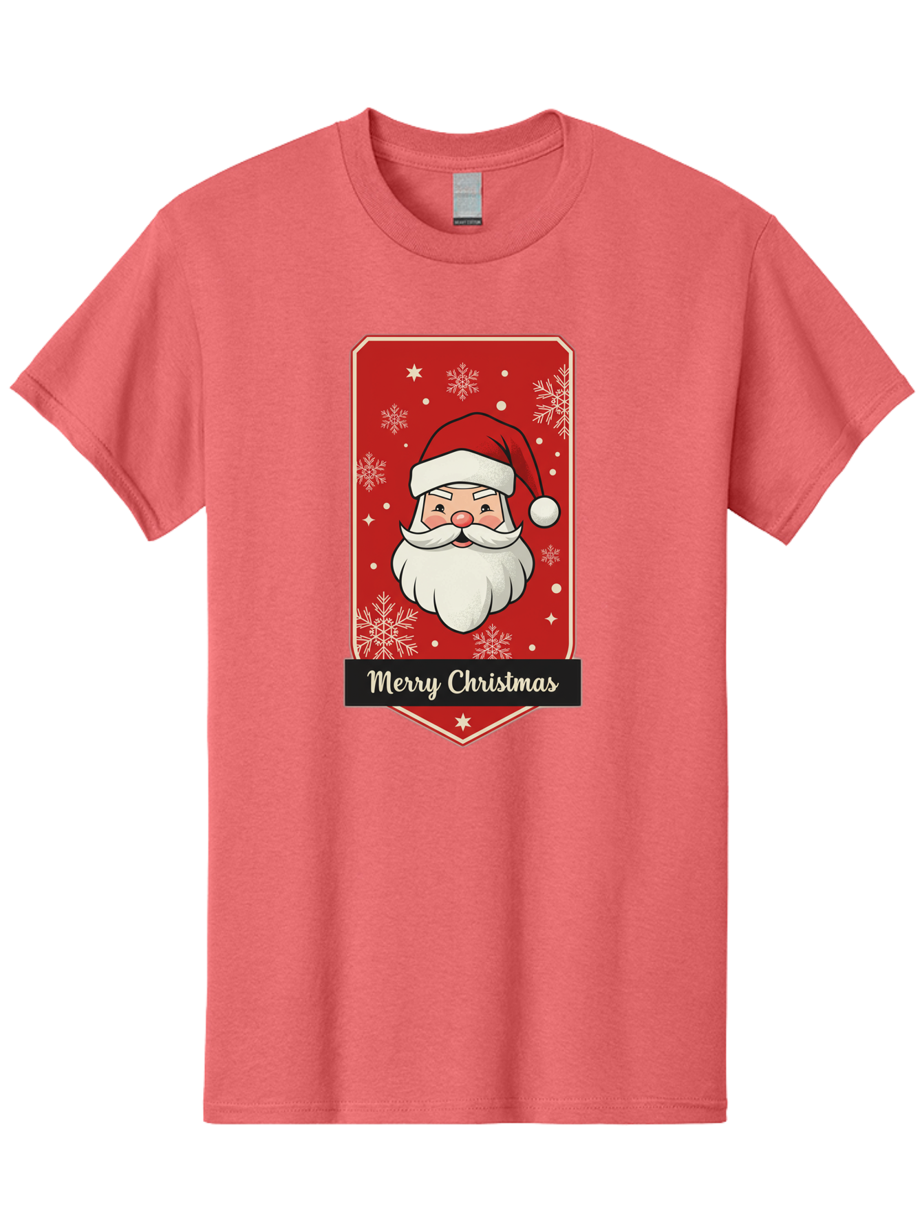 Merry-Christmas-Santa Men'S Graphic Tee, 100% Cotton, Comfortable Casual Summer Wear, Machine Washable, Christmas Badge, Merry Christmas, Santa Claus, Festive Design, Holiday Greeting, Cartoon Santa, Red And White, Snowflakes, Bac187 10