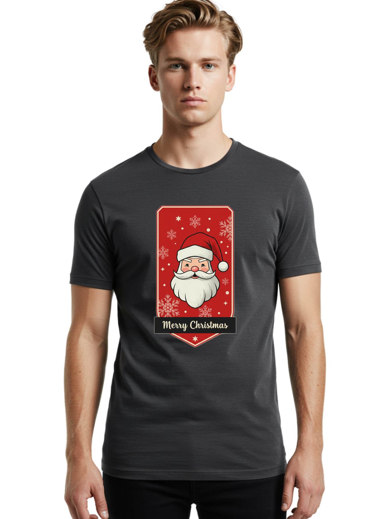 Merry-Christmas-Santa Men'S Graphic Tee, 100% Cotton, Comfortable Casual Summer Wear, Machine Washable, Christmas Badge, Merry Christmas, Santa Claus, Festive Design, Holiday Greeting, Cartoon Santa, Red And White, Snowflakes, Bac187 18