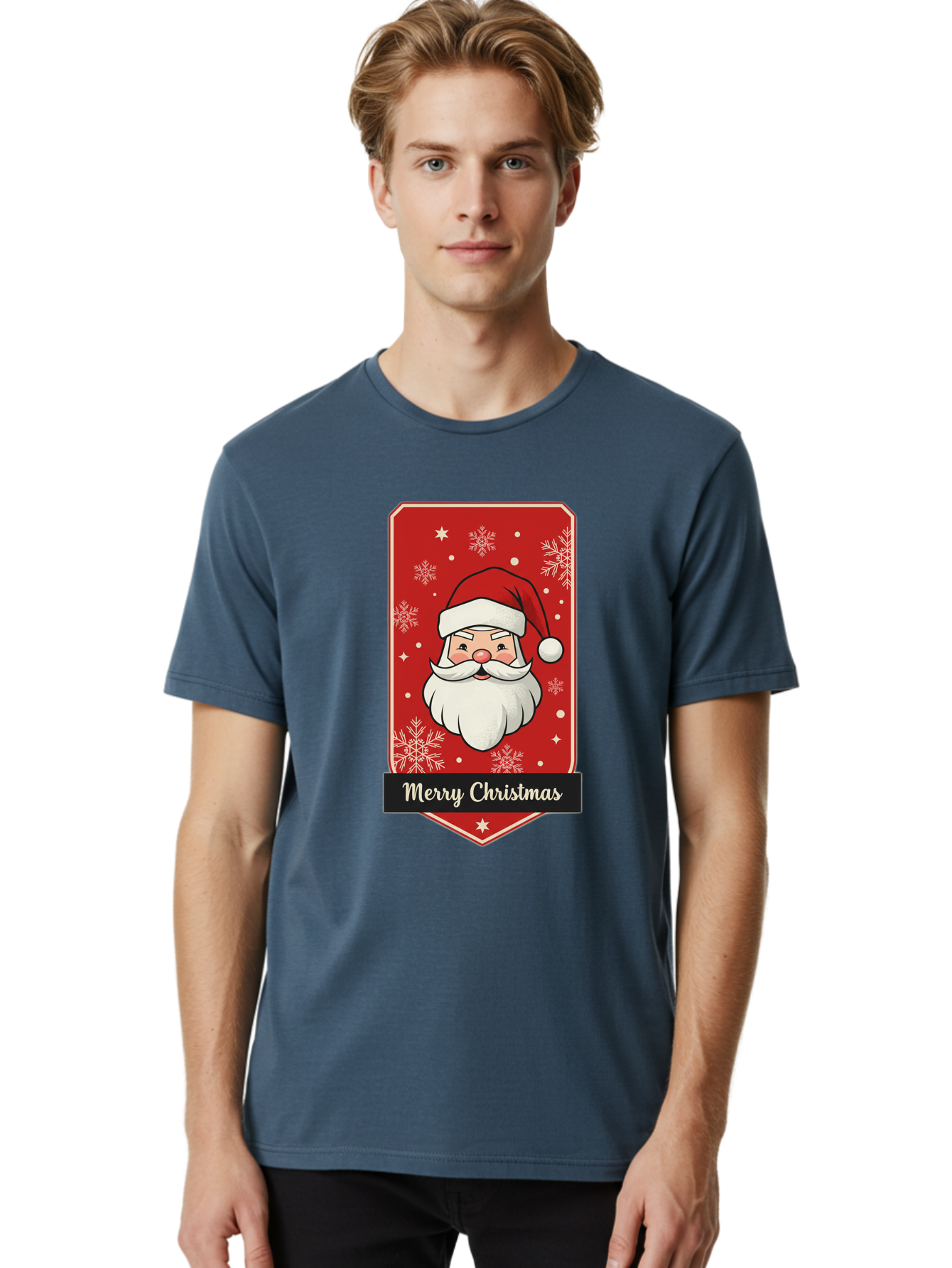 Merry-Christmas-Santa Men'S Graphic Tee, 100% Cotton, Comfortable Casual Summer Wear, Machine Washable, Christmas Badge, Merry Christmas, Santa Claus, Festive Design, Holiday Greeting, Cartoon Santa, Red And White, Snowflakes, Bac187 17