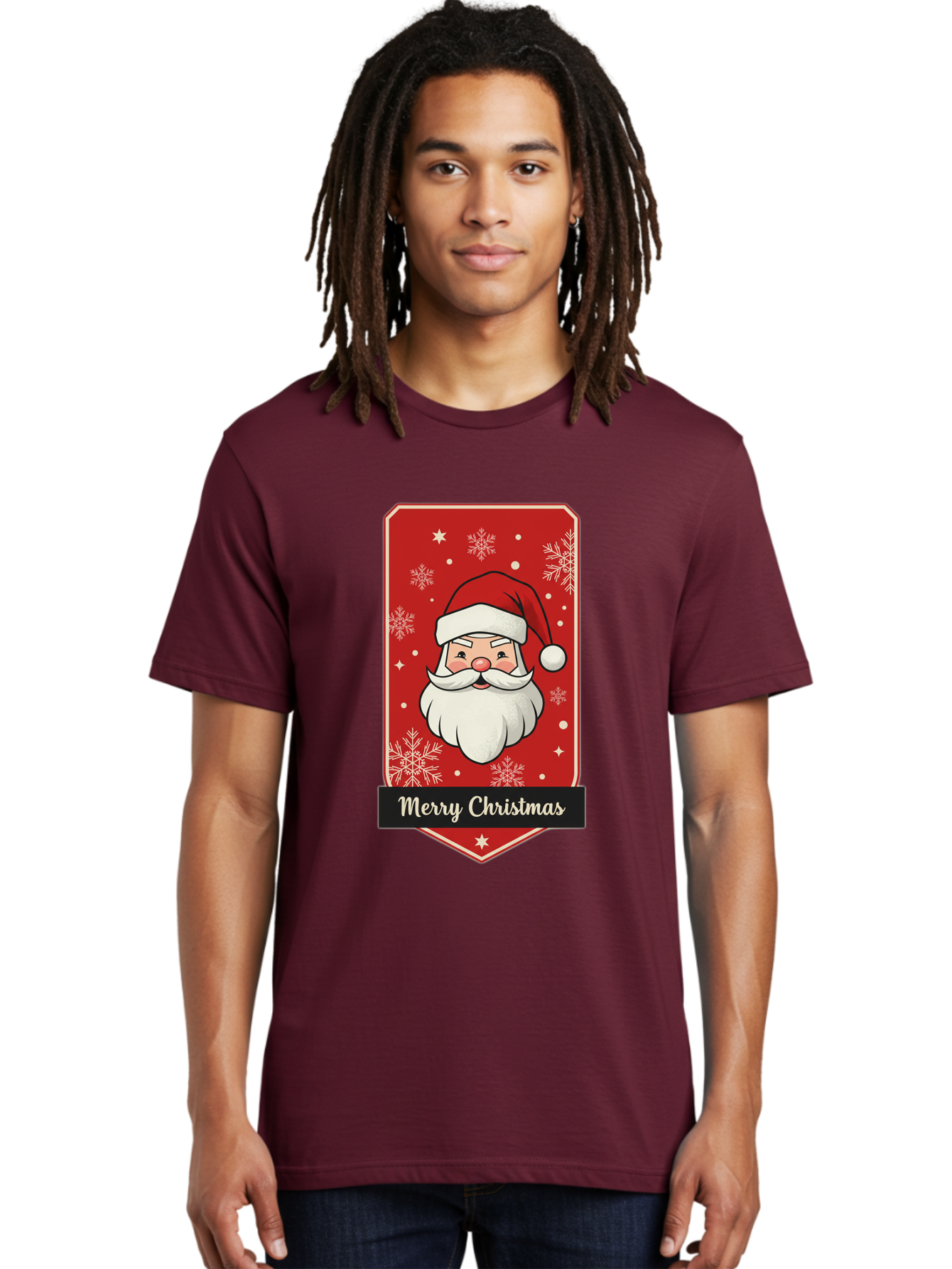 Merry-Christmas-Santa Men'S Graphic Tee, 100% Cotton, Comfortable Casual Summer Wear, Machine Washable, Christmas Badge, Merry Christmas, Santa Claus, Festive Design, Holiday Greeting, Cartoon Santa, Red And White, Snowflakes, Bac187 19