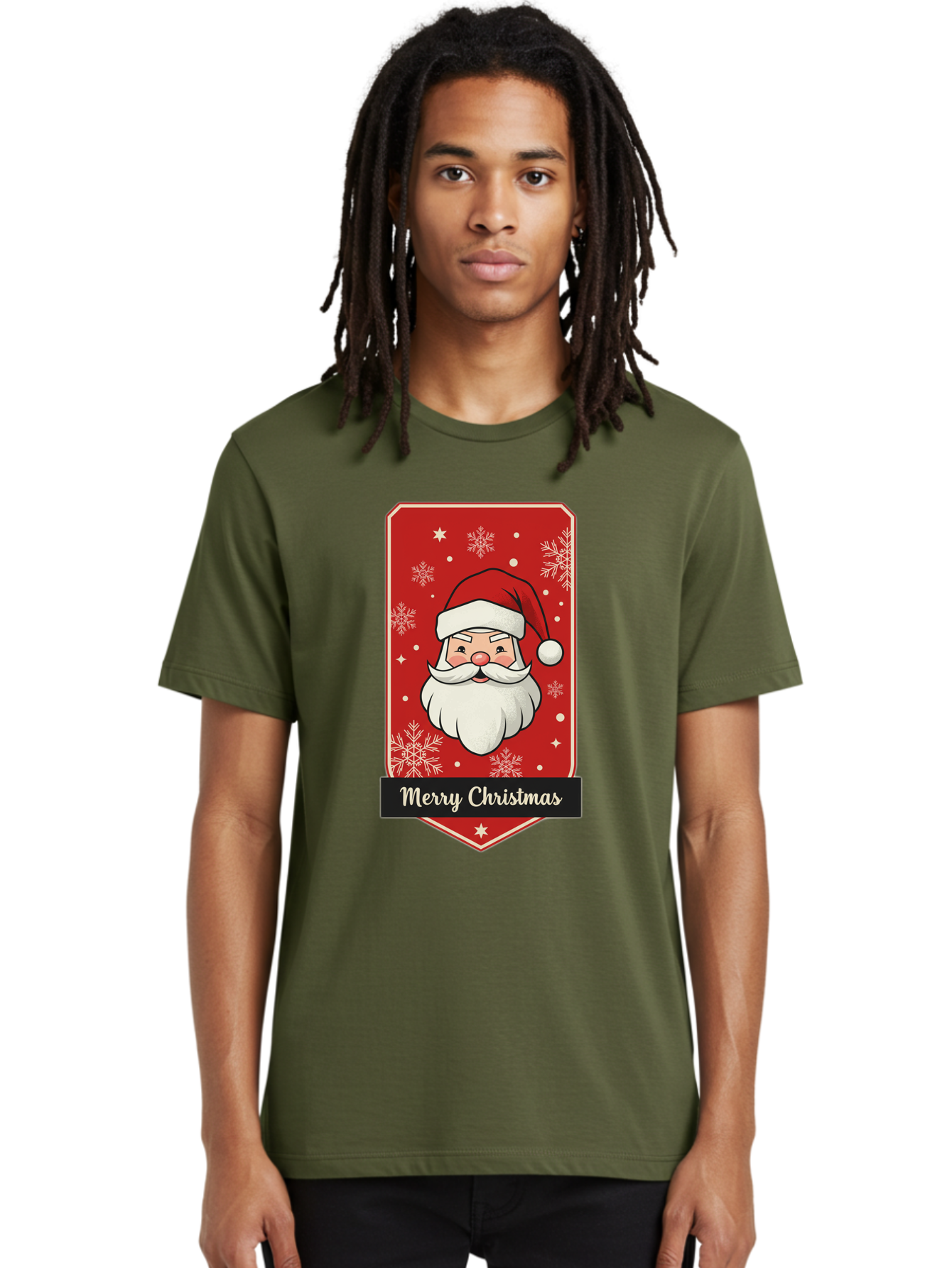 Merry-Christmas-Santa Men'S Graphic Tee, 100% Cotton, Comfortable Casual Summer Wear, Machine Washable, Christmas Badge, Merry Christmas, Santa Claus, Festive Design, Holiday Greeting, Cartoon Santa, Red And White, Snowflakes, Bac187 20
