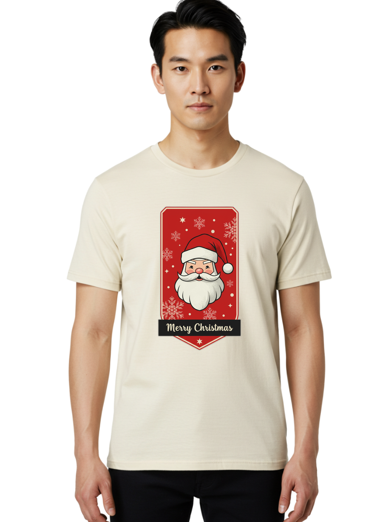 Merry-Christmas-Santa Men'S Graphic Tee, 100% Cotton, Comfortable Casual Summer Wear, Machine Washable, Christmas Badge, Merry Christmas, Santa Claus, Festive Design, Holiday Greeting, Cartoon Santa, Red And White, Snowflakes, Bac187 16