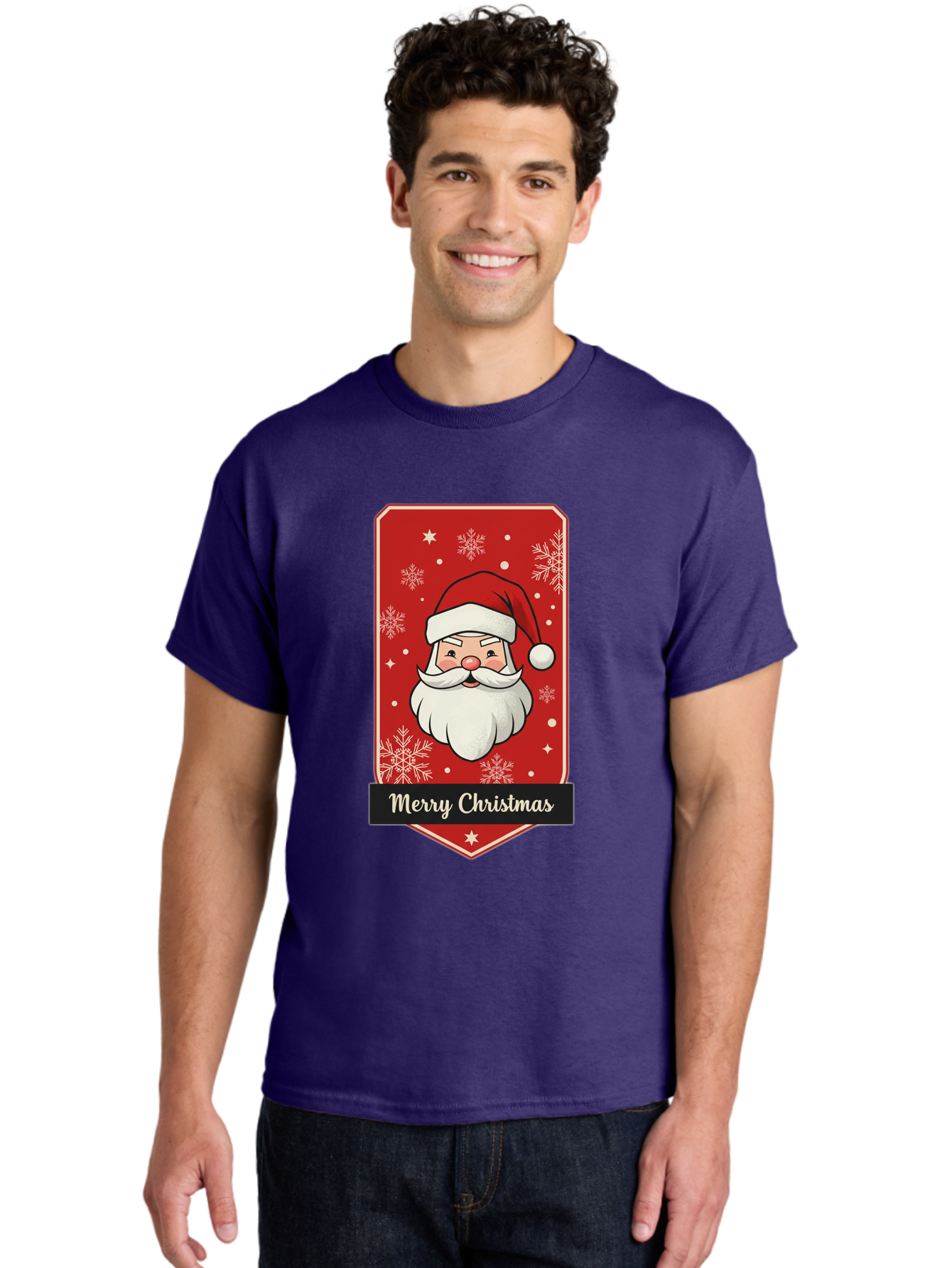 Merry-Christmas-Santa Men'S Graphic Tee, 100% Cotton, Comfortable Casual Summer Wear, Machine Washable, Christmas Badge, Merry Christmas, Santa Claus, Festive Design, Holiday Greeting, Cartoon Santa, Red And White, Snowflakes, Bac187 28