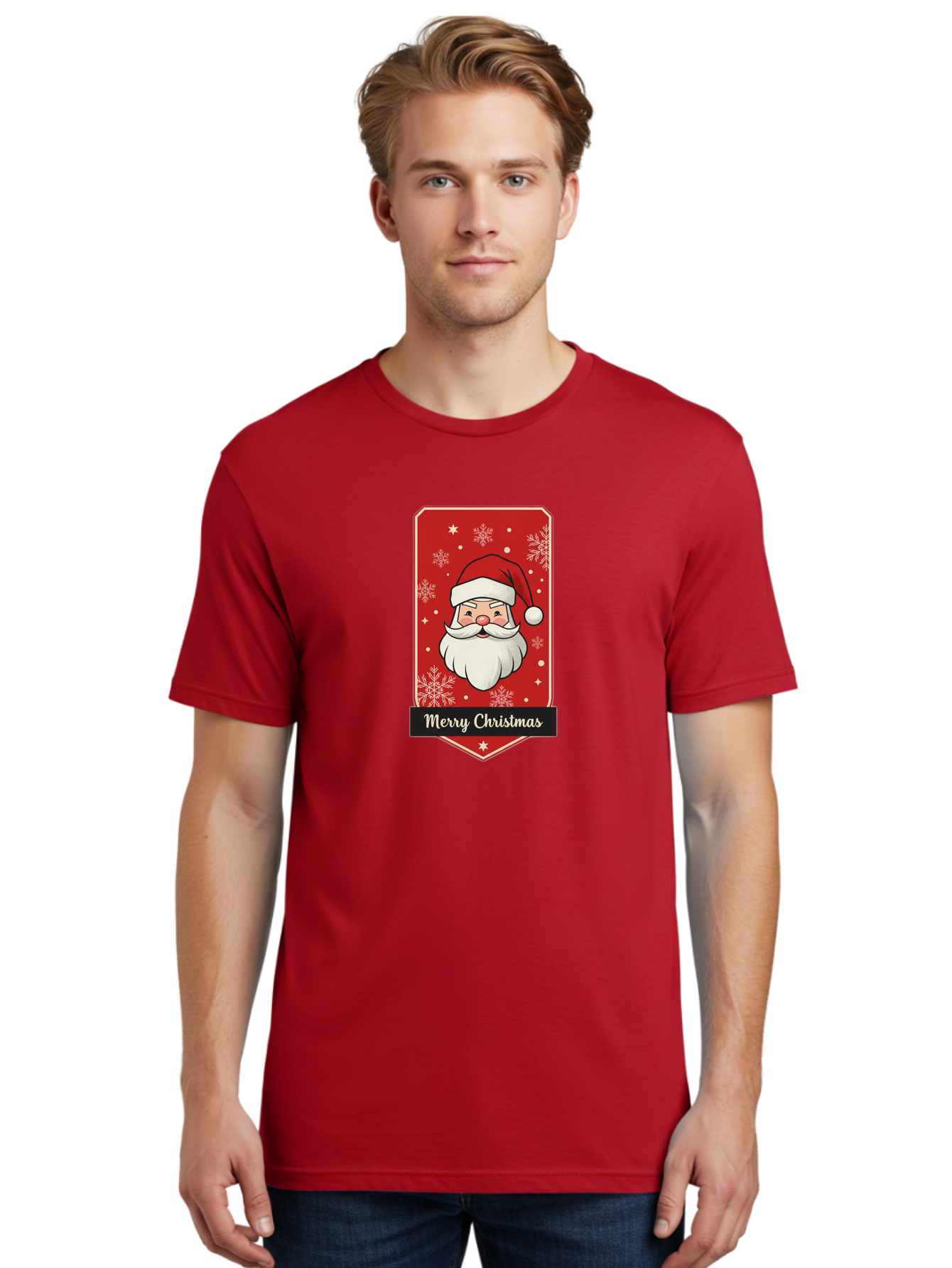 Merry-Christmas-Santa Men'S Graphic Tee, 100% Cotton, Comfortable Casual Summer Wear, Machine Washable, Christmas Badge, Merry Christmas, Santa Claus, Festive Design, Holiday Greeting, Cartoon Santa, Red And White, Snowflakes, Bac187 22