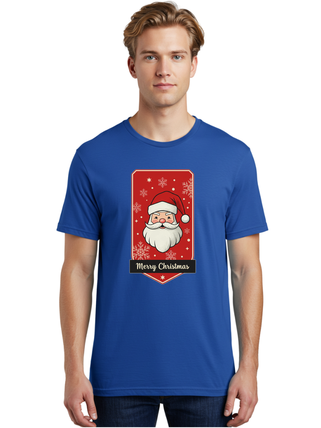 Merry-Christmas-Santa Men'S Graphic Tee, 100% Cotton, Comfortable Casual Summer Wear, Machine Washable, Christmas Badge, Merry Christmas, Santa Claus, Festive Design, Holiday Greeting, Cartoon Santa, Red And White, Snowflakes, Bac187 21