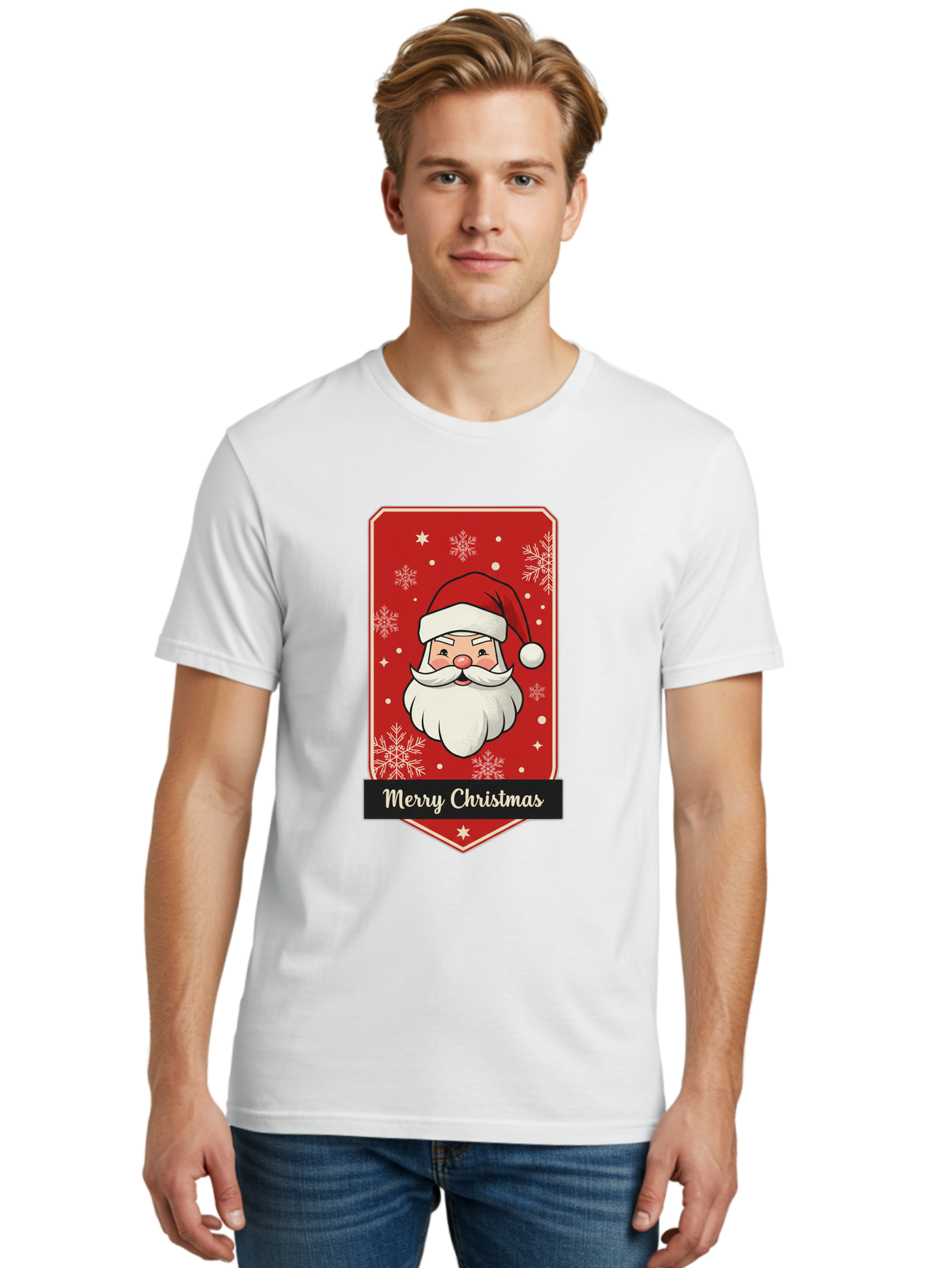 Merry-Christmas-Santa Men'S Graphic Tee, 100% Cotton, Comfortable Casual Summer Wear, Machine Washable, Christmas Badge, Merry Christmas, Santa Claus, Festive Design, Holiday Greeting, Cartoon Santa, Red And White, Snowflakes, Bac187 29