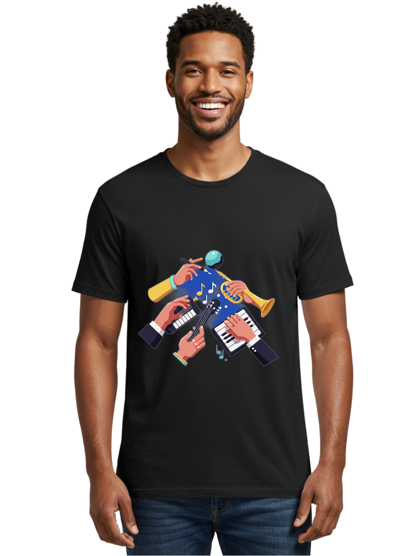 Music-Maestro Men'S Graphic Tee, 100% Cotton, Comfortable Casual Summer Wear, Machine Washable, Musical Man, Multiple Instruments, Creative Music, Diverse Instrumentation, Harmonious Sound, Innovative Art, Music Lover, Melodious Harmony, Bac190 23