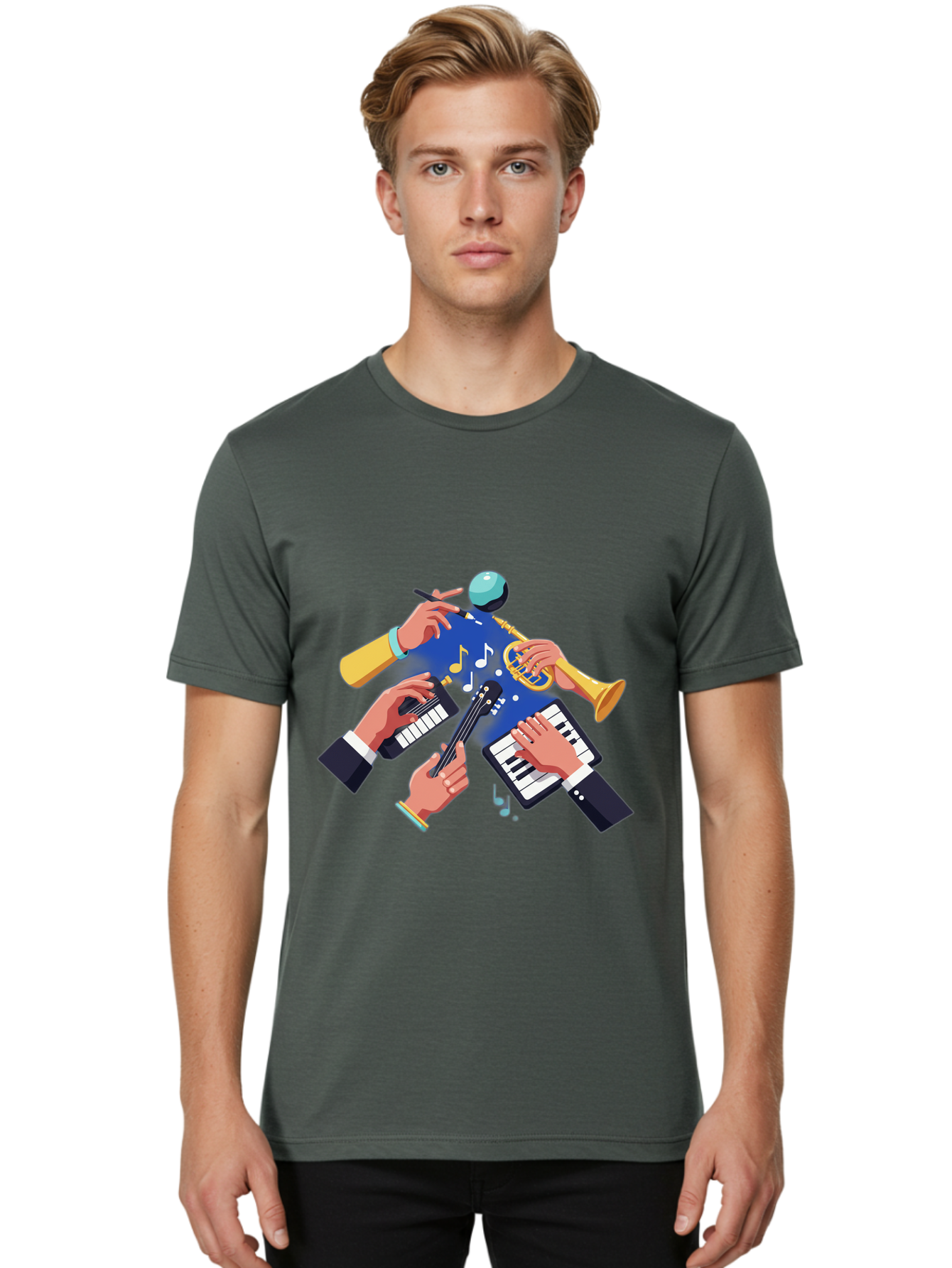 Music-Maestro Men'S Graphic Tee, 100% Cotton, Comfortable Casual Summer Wear, Machine Washable, Musical Man, Multiple Instruments, Creative Music, Diverse Instrumentation, Harmonious Sound, Innovative Art, Music Lover, Melodious Harmony, Bac190 21