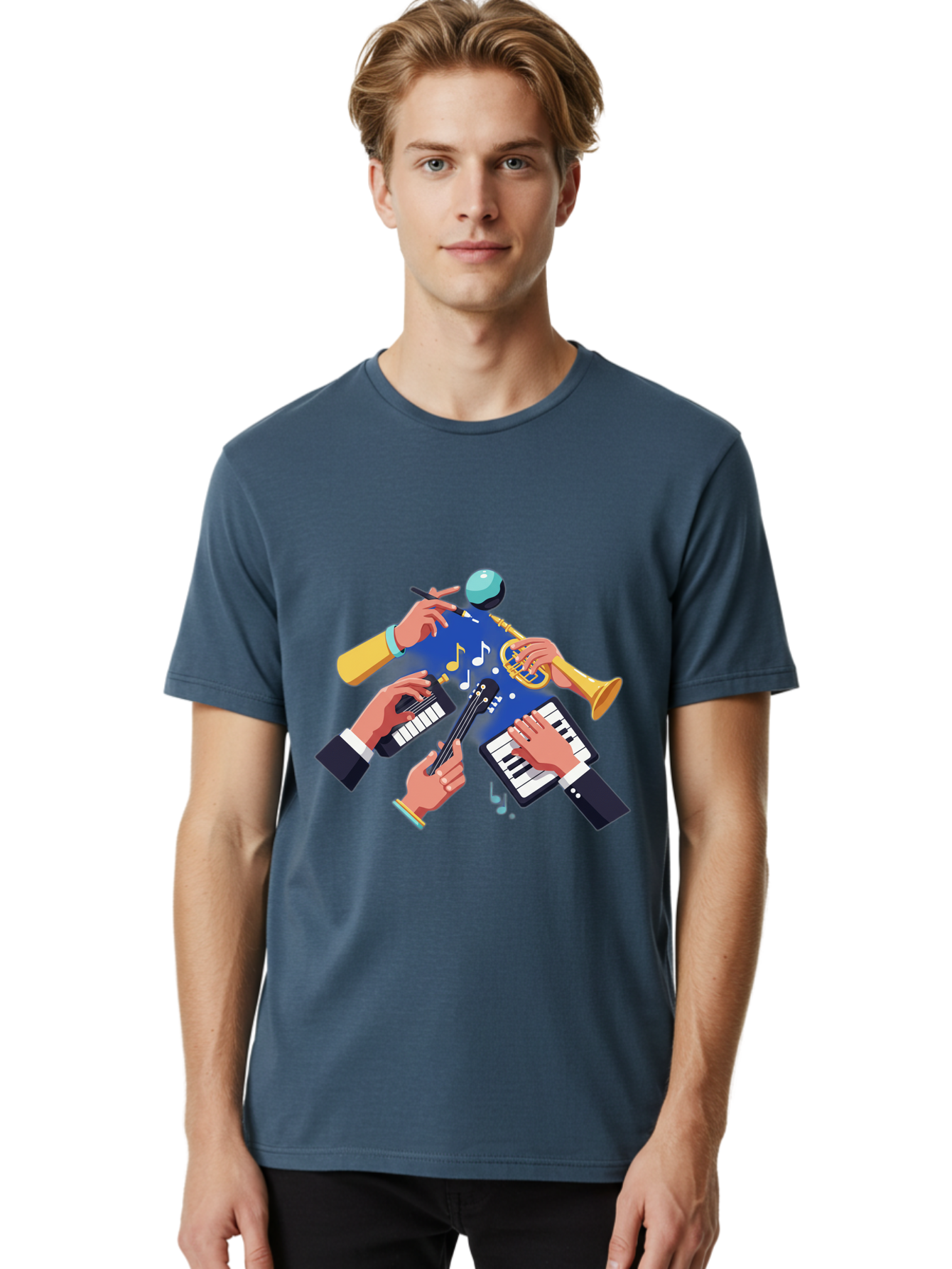 Music-Maestro Men'S Graphic Tee, 100% Cotton, Comfortable Casual Summer Wear, Machine Washable, Musical Man, Multiple Instruments, Creative Music, Diverse Instrumentation, Harmonious Sound, Innovative Art, Music Lover, Melodious Harmony, Bac190 20