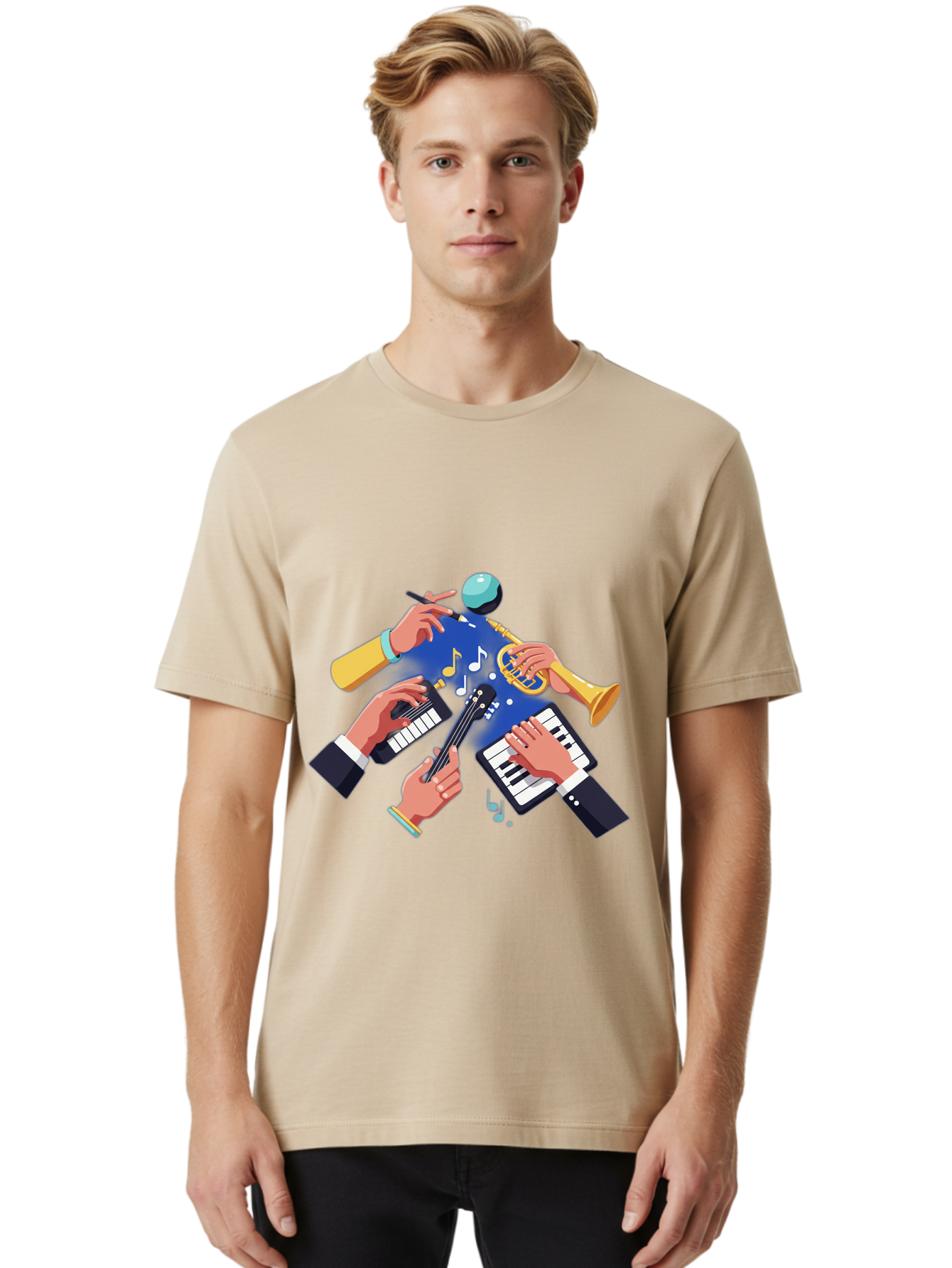 Music-Maestro Men'S Graphic Tee, 100% Cotton, Comfortable Casual Summer Wear, Machine Washable, Musical Man, Multiple Instruments, Creative Music, Diverse Instrumentation, Harmonious Sound, Innovative Art, Music Lover, Melodious Harmony, Bac190 30