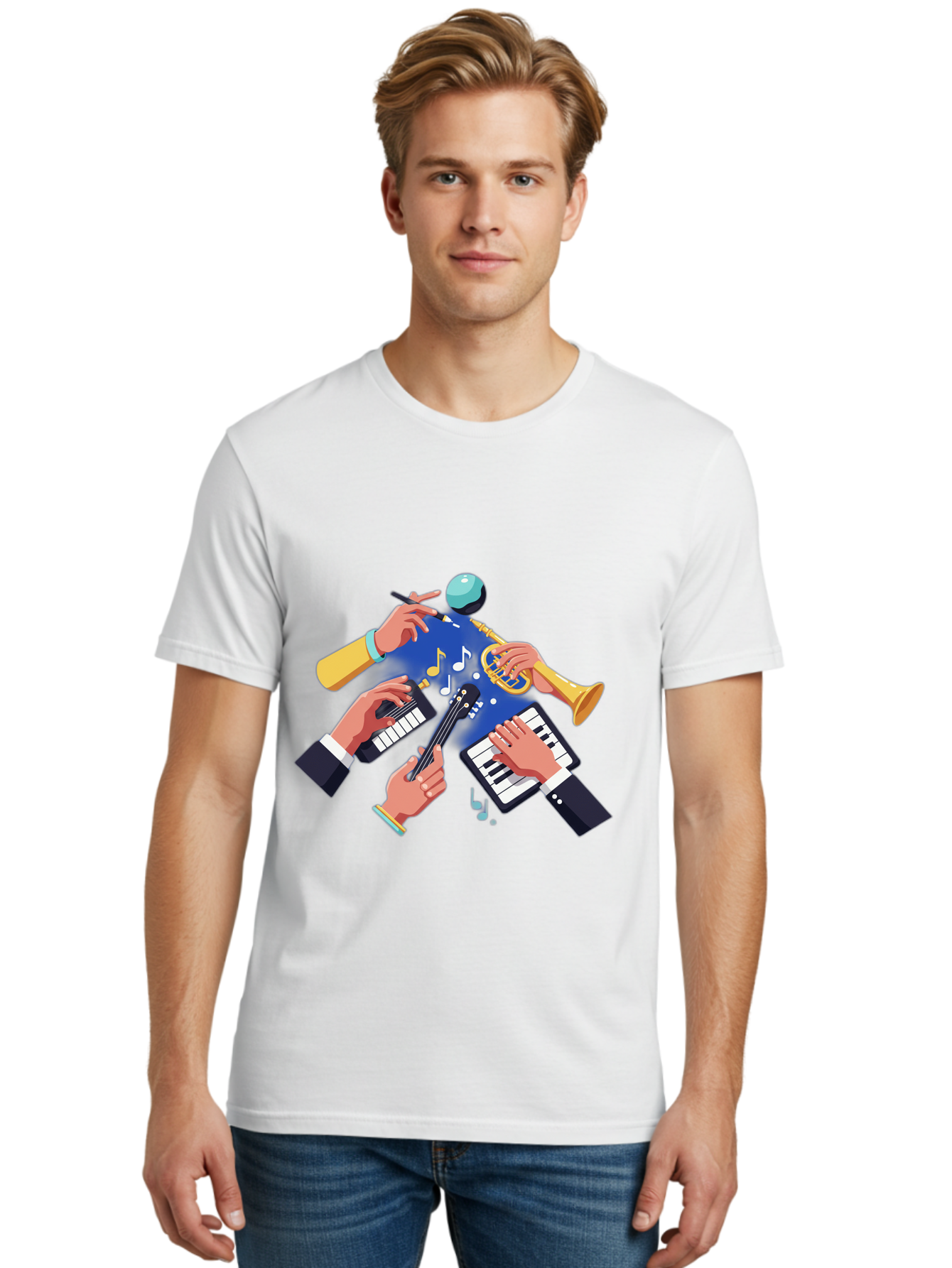 Music-Maestro Men'S Graphic Tee, 100% Cotton, Comfortable Casual Summer Wear, Machine Washable, Musical Man, Multiple Instruments, Creative Music, Diverse Instrumentation, Harmonious Sound, Innovative Art, Music Lover, Melodious Harmony, Bac190 17