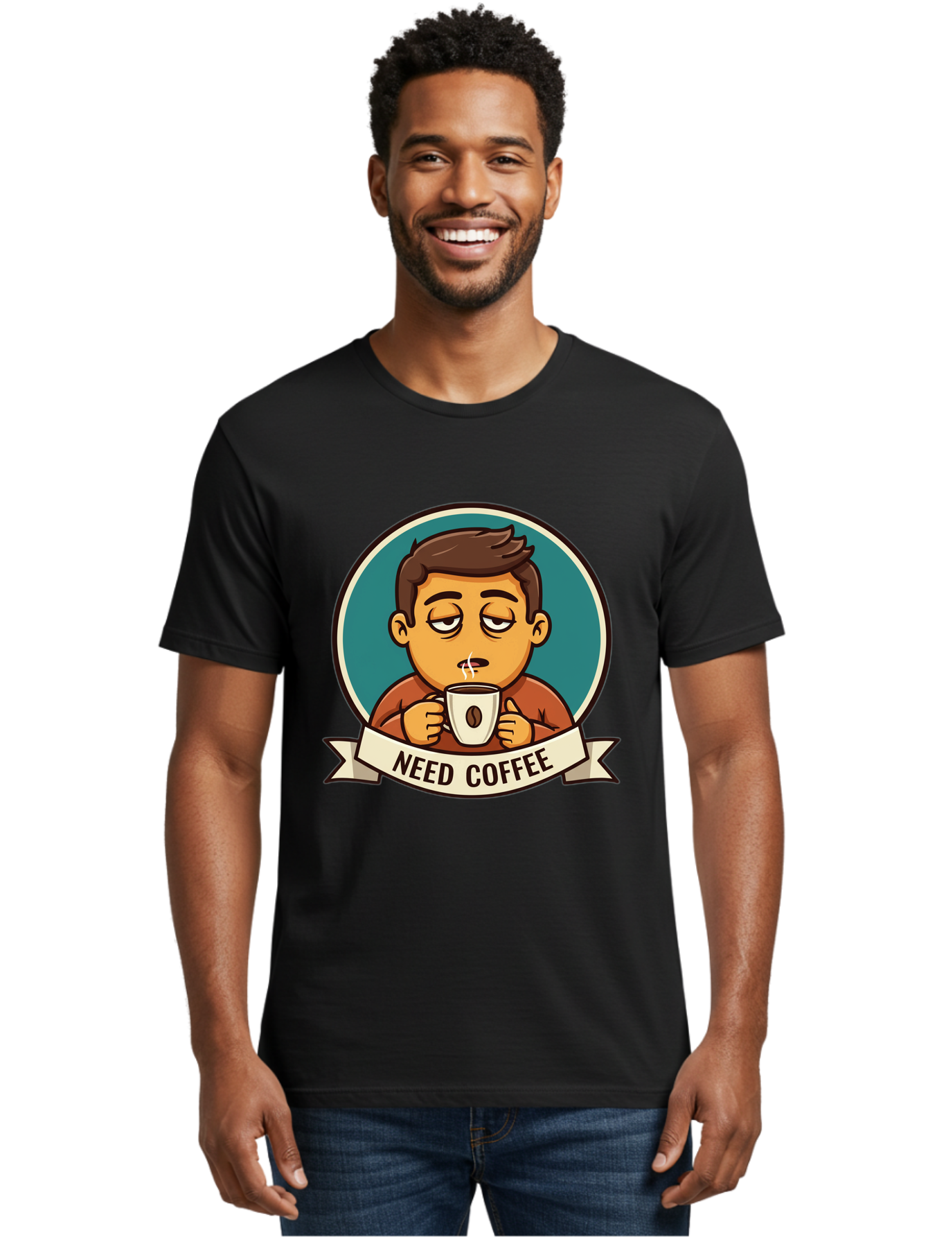 Need-Coffee Men'S Graphic Tee, 100% Cotton, Comfortable Casual Summer Wear, Machine Washable, Tired Cartoon Character, Coffee Lover, Morning Pick-Me-Up, Caffeine Fix, Funny Illustration, Coffee Addiction, Coffee Culture Bac195 29