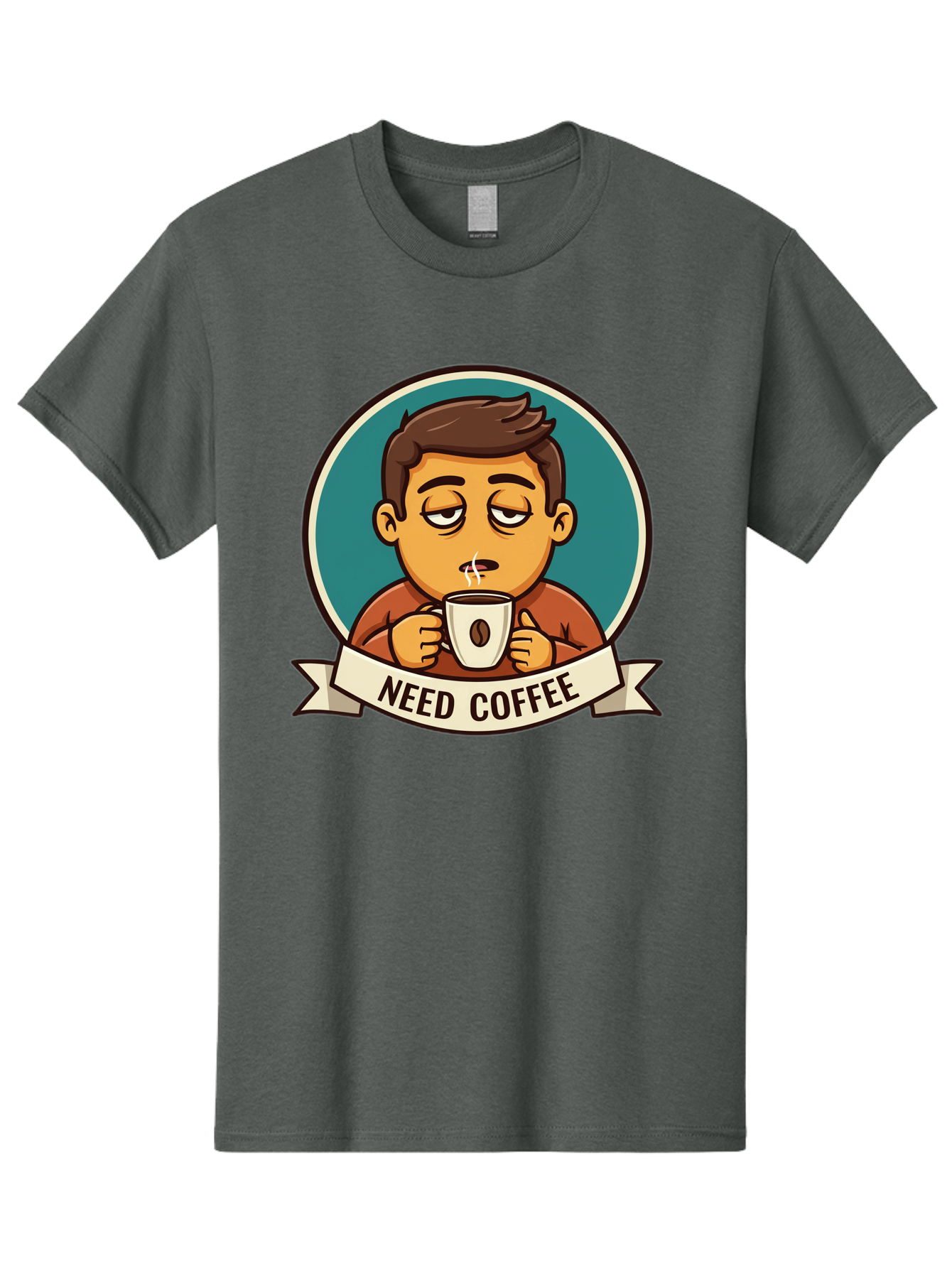 Need-Coffee Men'S Graphic Tee, 100% Cotton, Comfortable Casual Summer Wear, Machine Washable, Tired Cartoon Character, Coffee Lover, Morning Pick-Me-Up, Caffeine Fix, Funny Illustration, Coffee Addiction, Coffee Culture Bac195 1