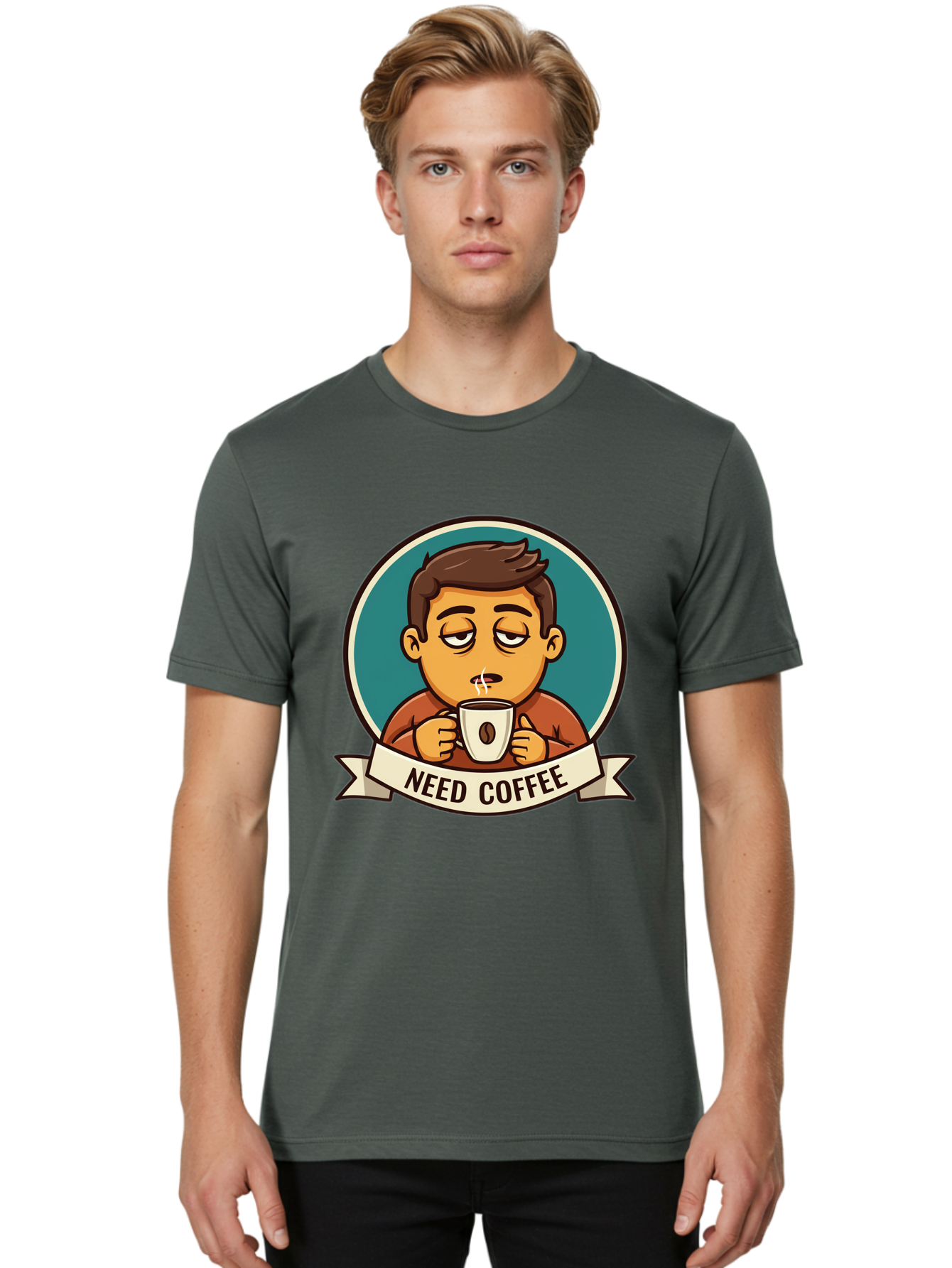 Need-Coffee Men'S Graphic Tee, 100% Cotton, Comfortable Casual Summer Wear, Machine Washable, Tired Cartoon Character, Coffee Lover, Morning Pick-Me-Up, Caffeine Fix, Funny Illustration, Coffee Addiction, Coffee Culture Bac195 16