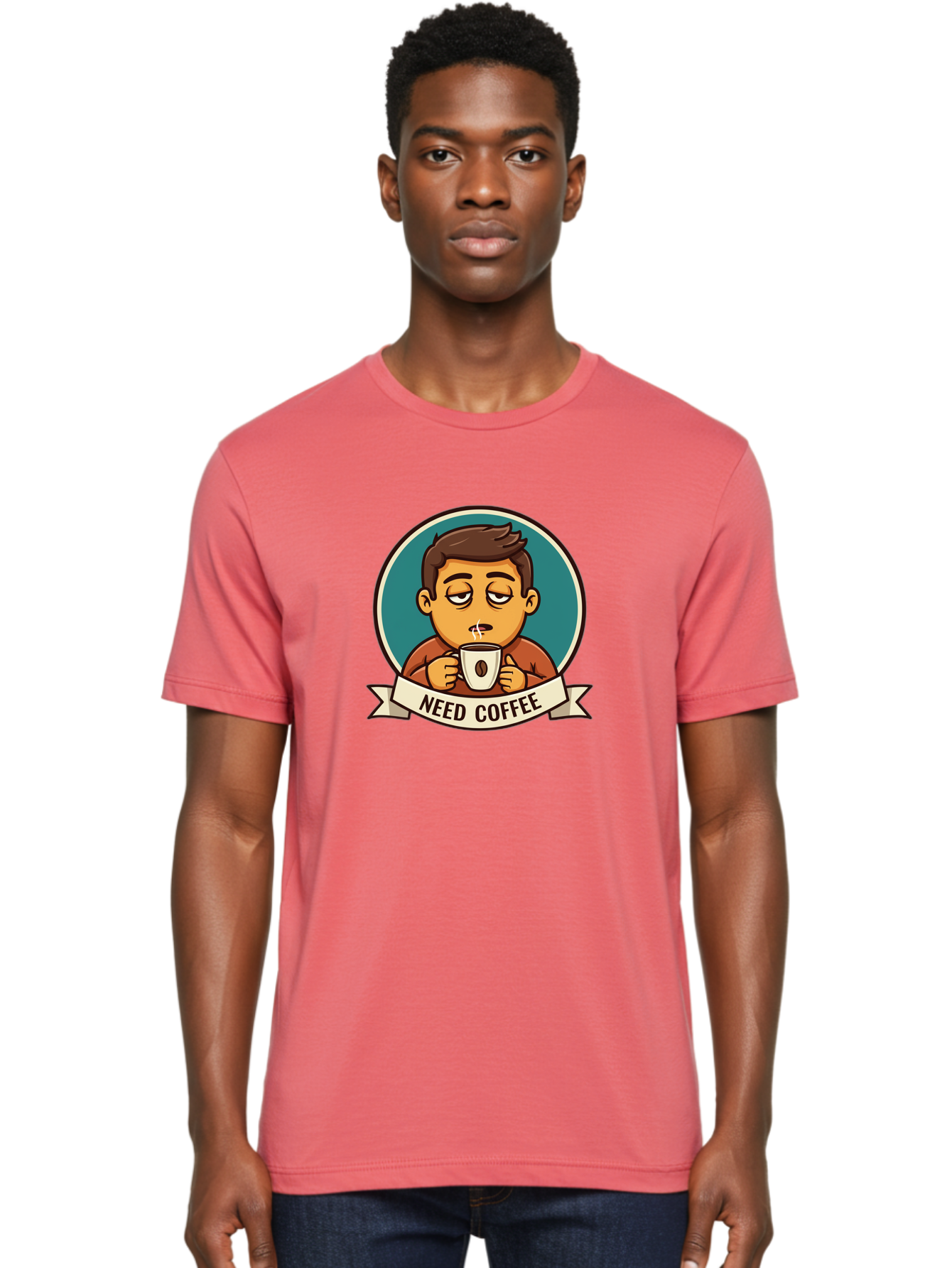 Need-Coffee Men'S Graphic Tee, 100% Cotton, Comfortable Casual Summer Wear, Machine Washable, Tired Cartoon Character, Coffee Lover, Morning Pick-Me-Up, Caffeine Fix, Funny Illustration, Coffee Addiction, Coffee Culture Bac195 23
