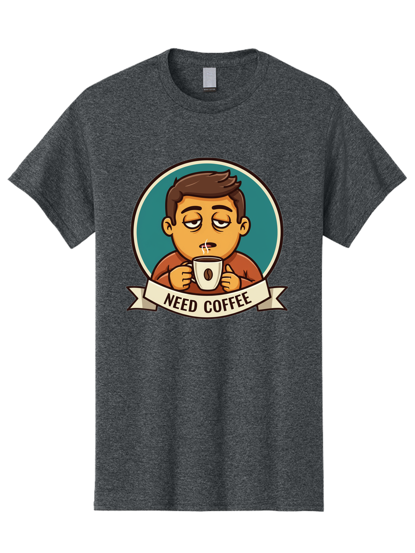 Need-Coffee Men'S Graphic Tee, 100% Cotton, Comfortable Casual Summer Wear, Machine Washable, Tired Cartoon Character, Coffee Lover, Morning Pick-Me-Up, Caffeine Fix, Funny Illustration, Coffee Addiction, Coffee Culture Bac195 2