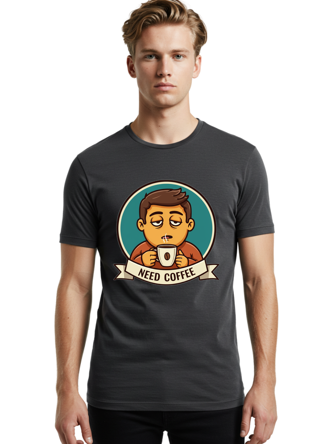 Need-Coffee Men'S Graphic Tee, 100% Cotton, Comfortable Casual Summer Wear, Machine Washable, Tired Cartoon Character, Coffee Lover, Morning Pick-Me-Up, Caffeine Fix, Funny Illustration, Coffee Addiction, Coffee Culture Bac195 17